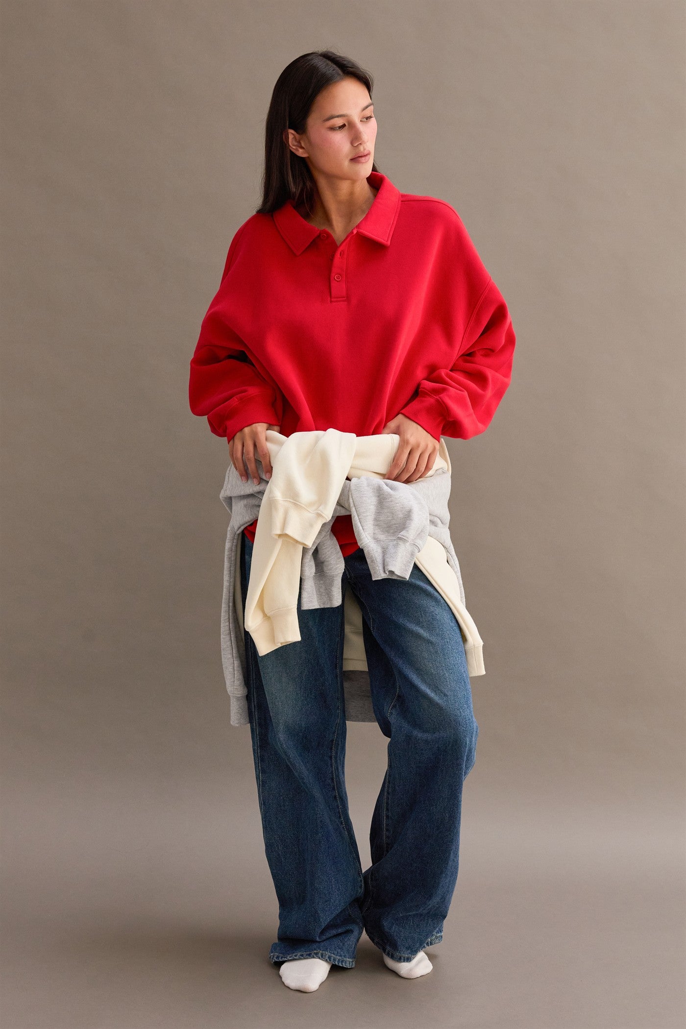 Wholesale Oversized Polo Collared Pullover Sweatshirts DZ25F074 RED DOUBLE ZERO