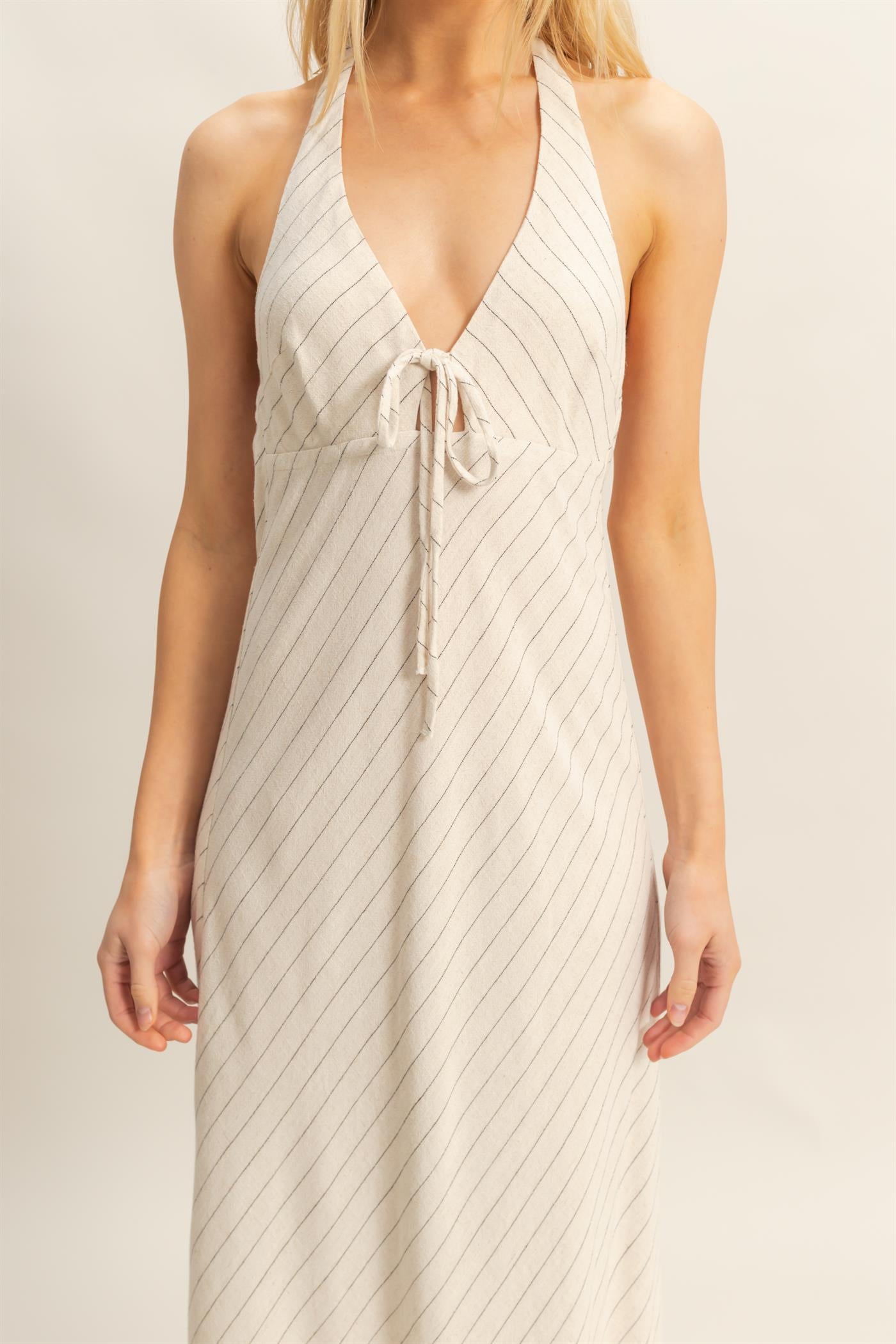 Wholesale Striped Halter Neck Linen Maxi Dress Dresses HF25C373 OATMEAL HYFVE
