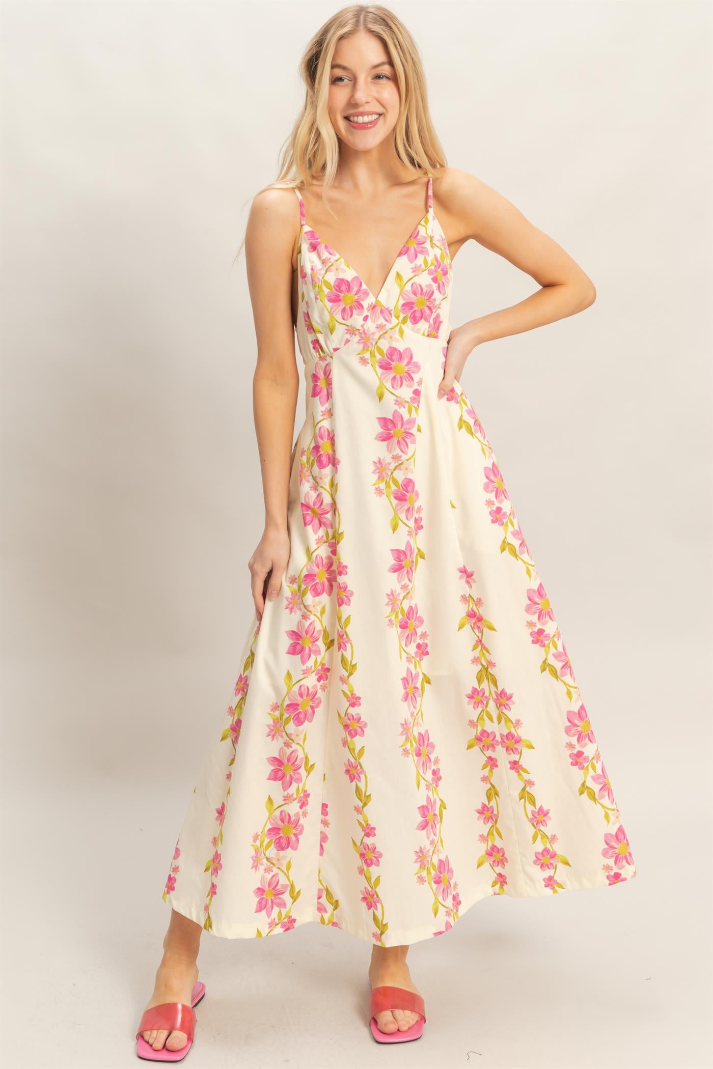 Wholesale Floral V-Neck Cami Dress Dresses HF26A493 PINK HYFVE