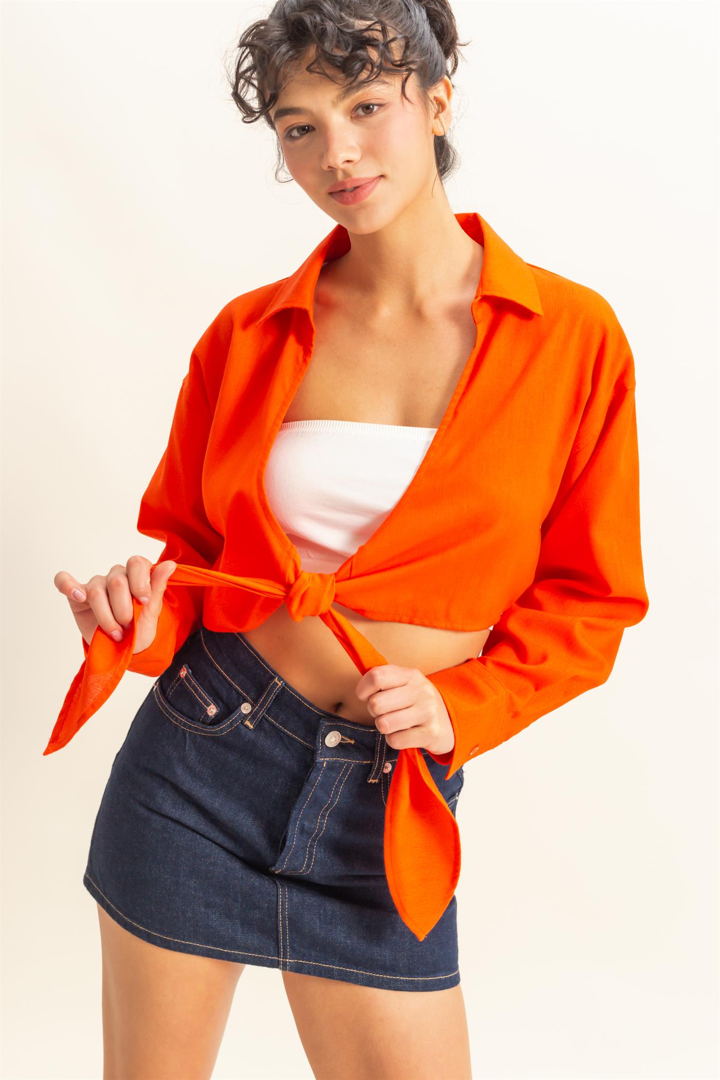 Wholesale Sand Washed Tie Front Crop Top Blouses DZ24C963 TOMATO DOUBLE ZERO