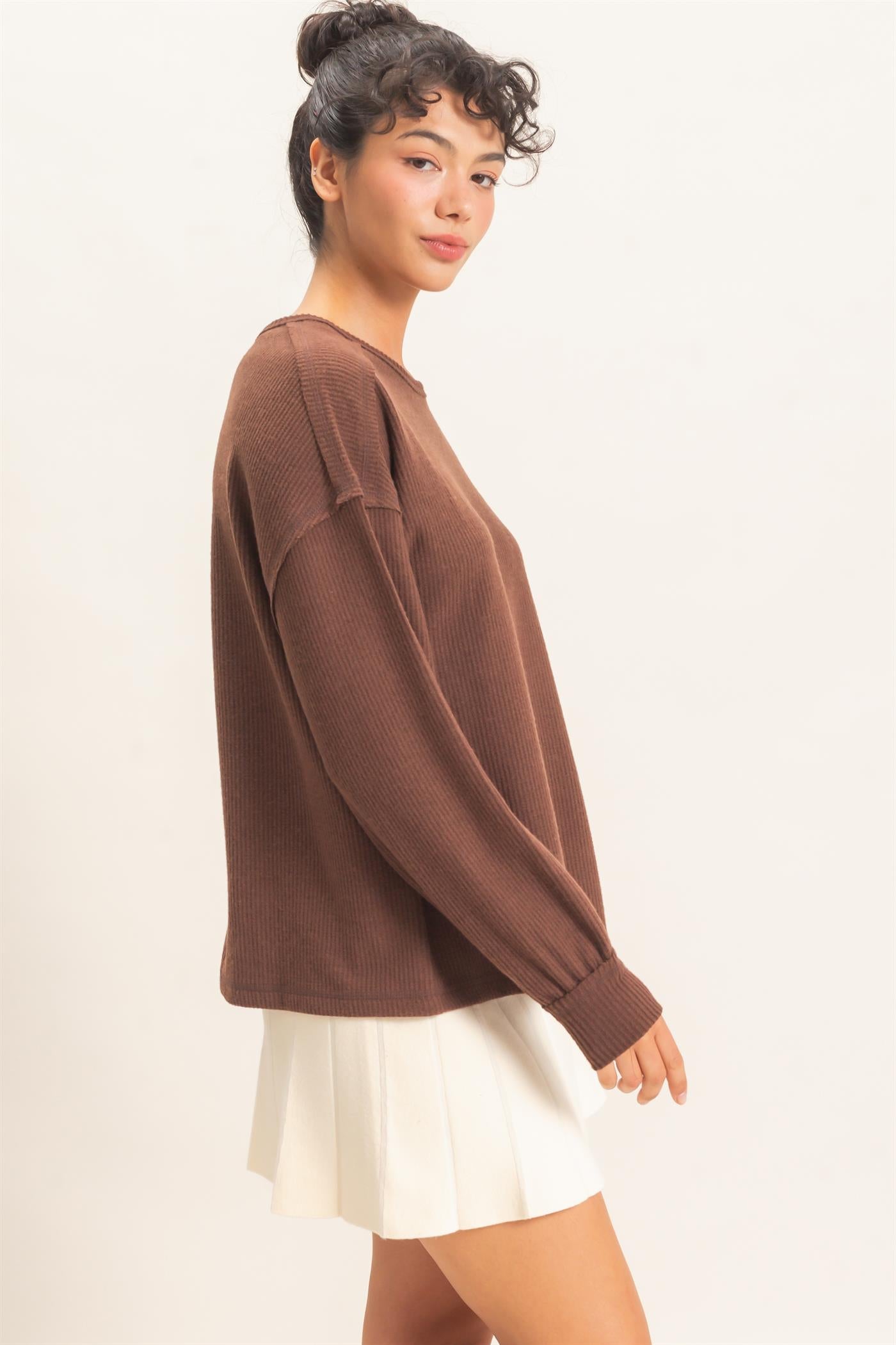 Wholesale Raw Edge Waffle Sweatshirt Sweatshirts DZ26F081 DARK BROWN HYFVE