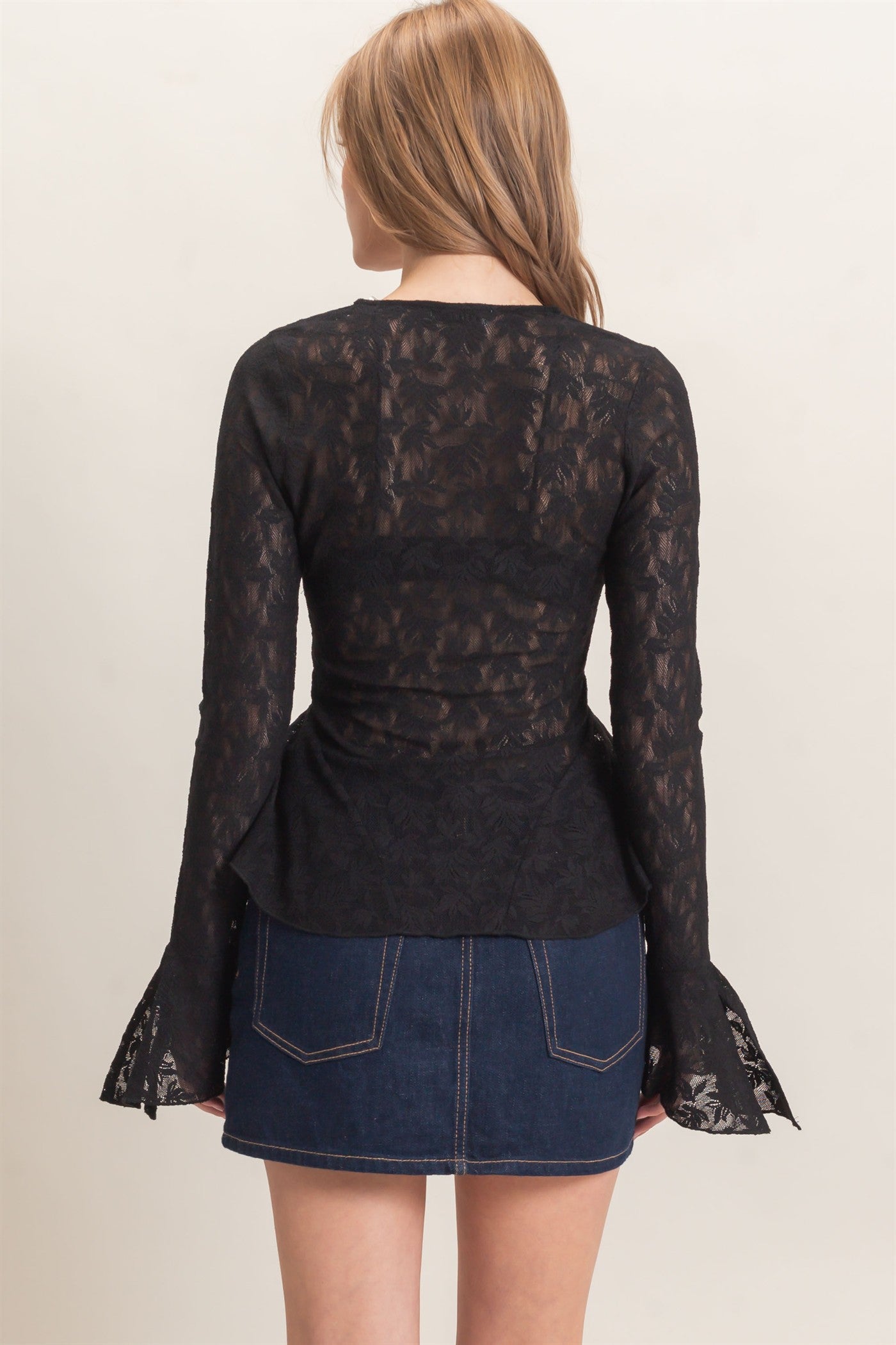 Wholesale Lace V-Neck Flare Sleeve Top Clothing Tops HF26E359 BLACK HYFVE