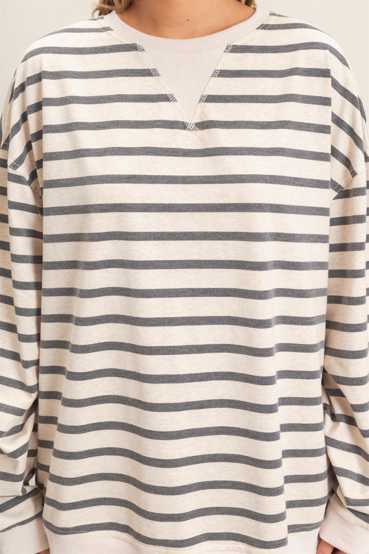 Wholesale Striped Long Sleeve Pullover Sweatshirts HF26F077 GRAY/ECRU HYFVE