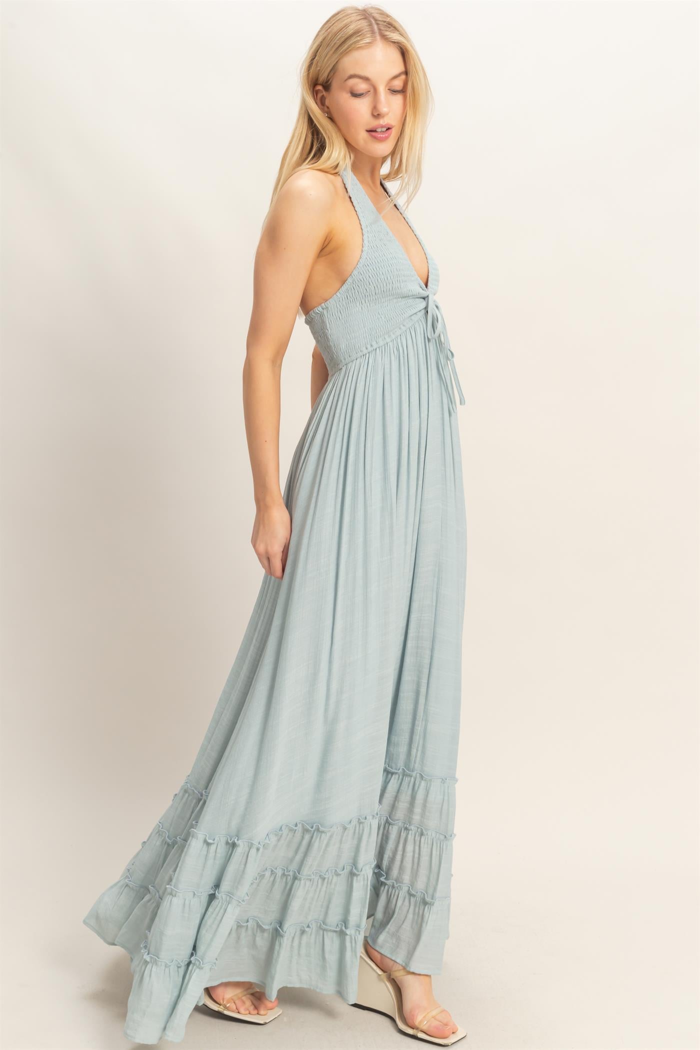 Wholesale Halter Neck Smocked Maxi Dress Dresses HF26C287-D D.BLUE HYFVE