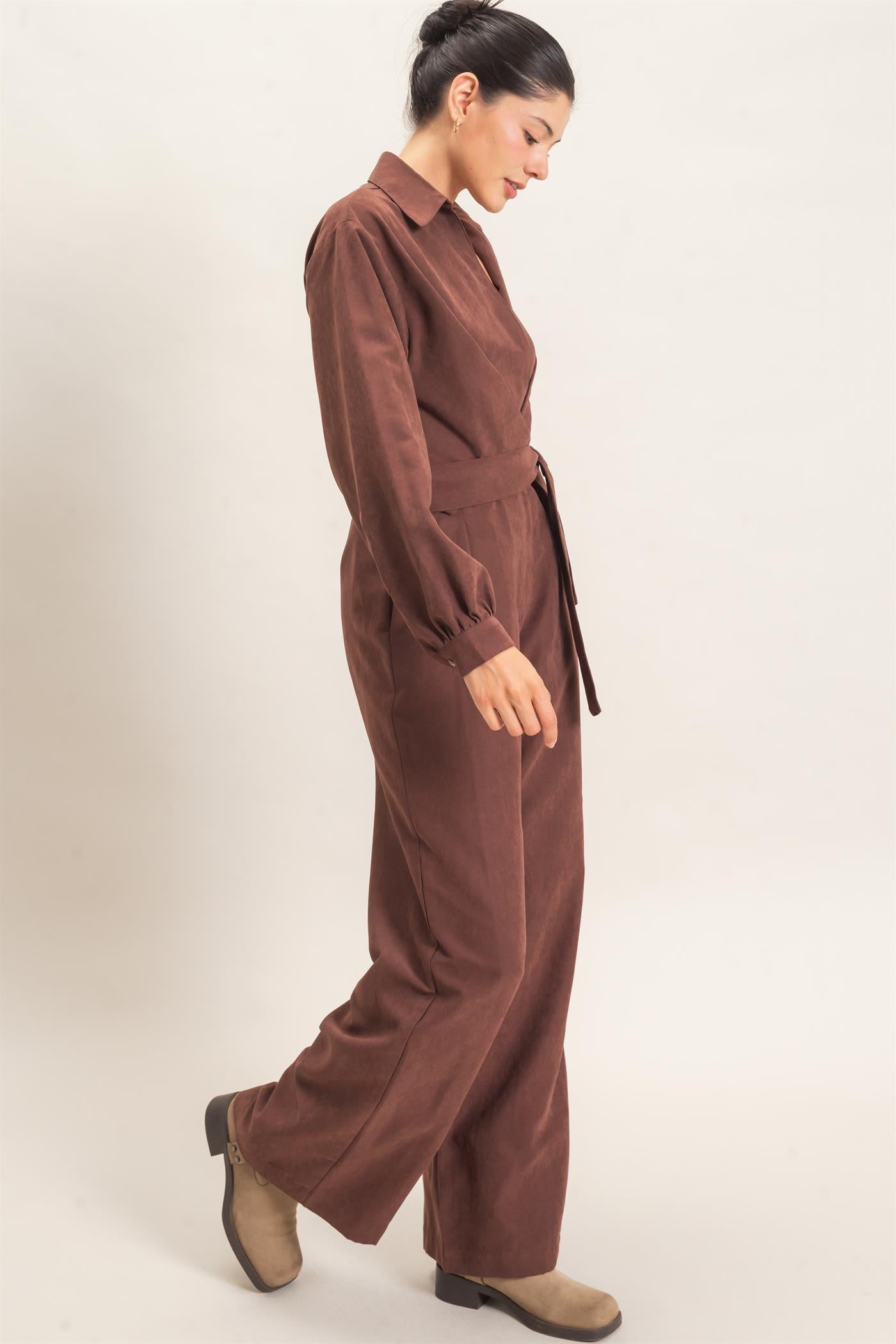 Wholesale Collared Wrap Suede Jumpsuit Clothing HF26C905 BROWN HYFVE