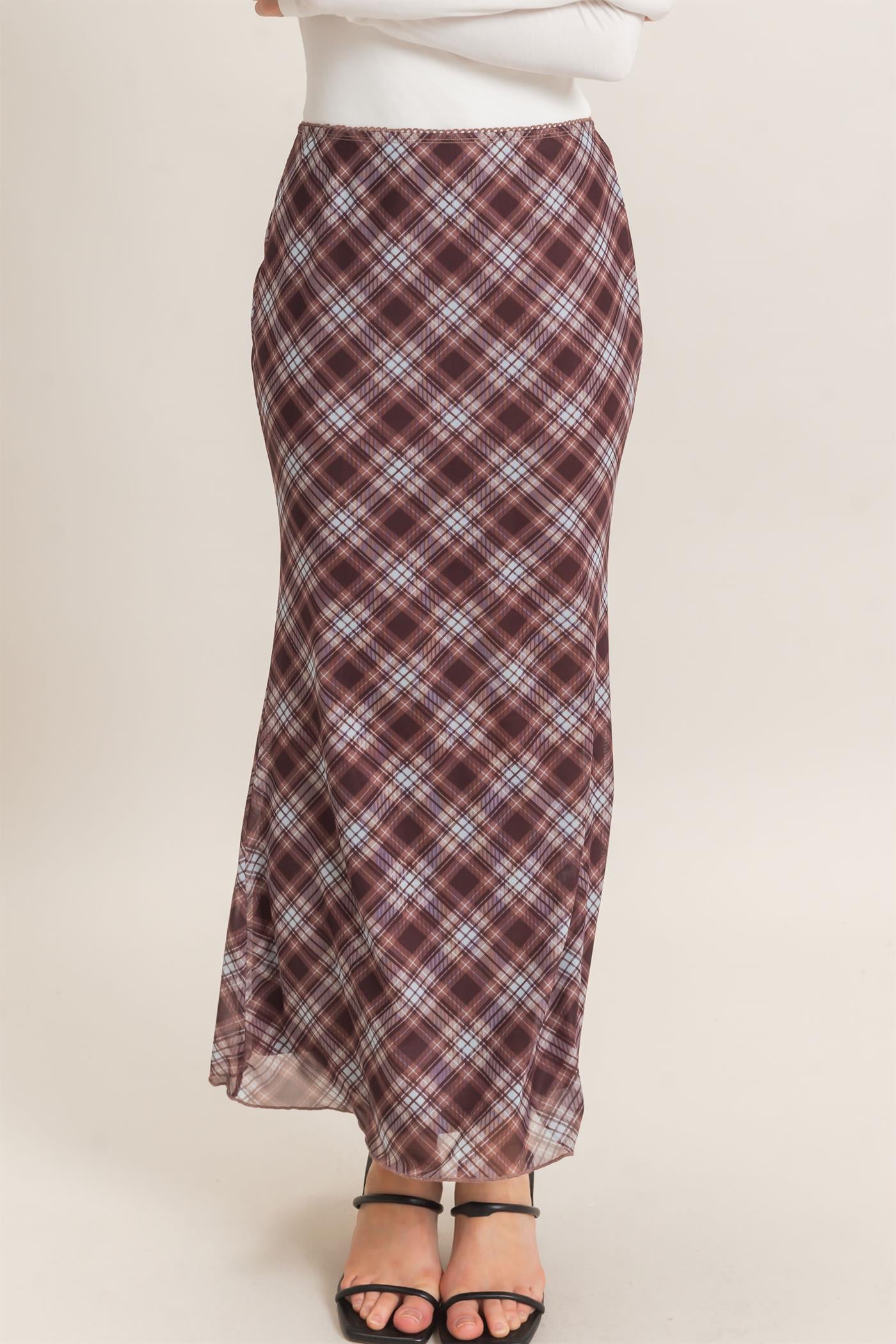 Wholesale Printed Mesh Maxi Skirt Skirts HF26F214 BROWN/PLAID HYFVE