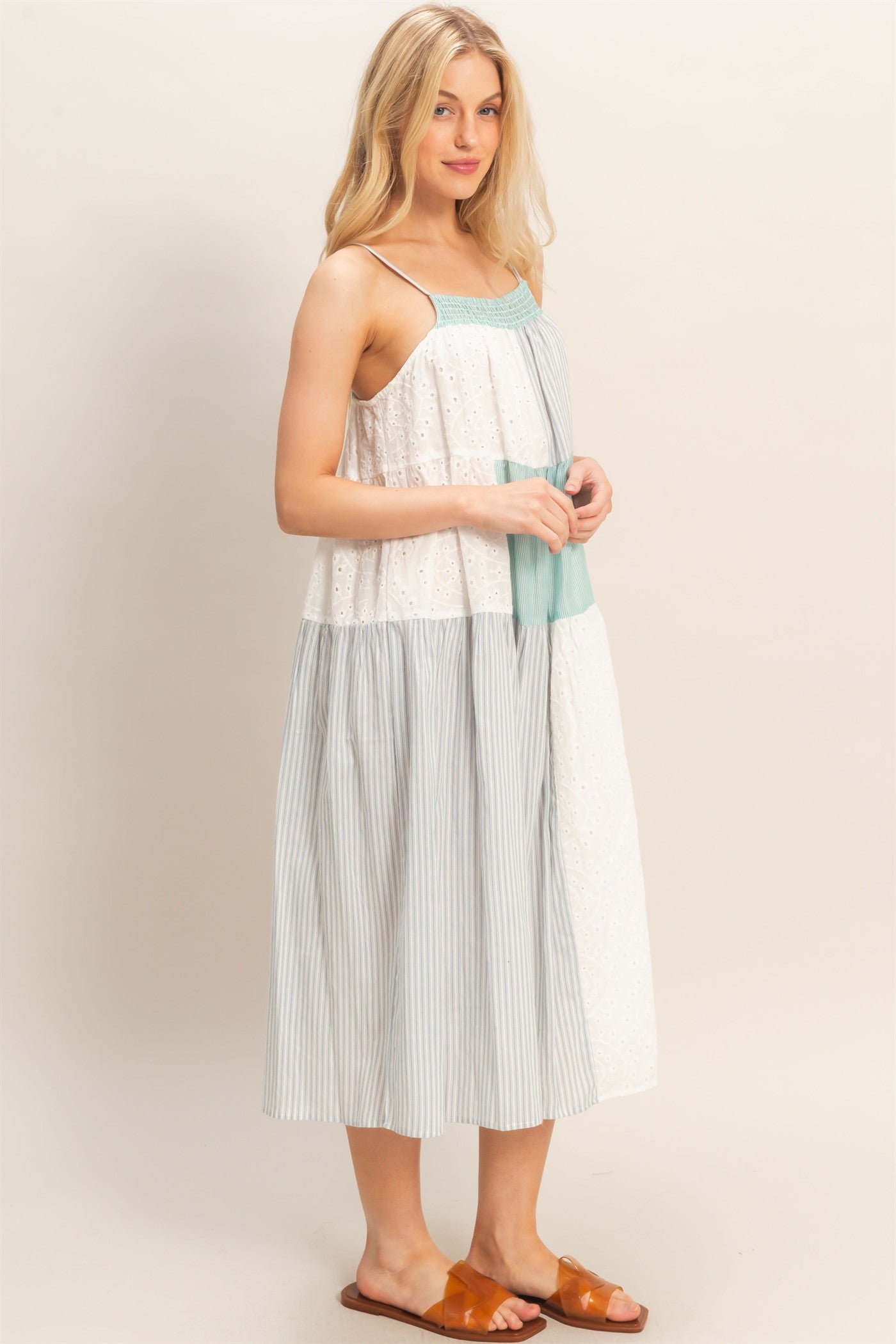 Wholesale Strappy Patchwork Midi Dress Dresses HF26C523 GREEN COMBO HYFVE