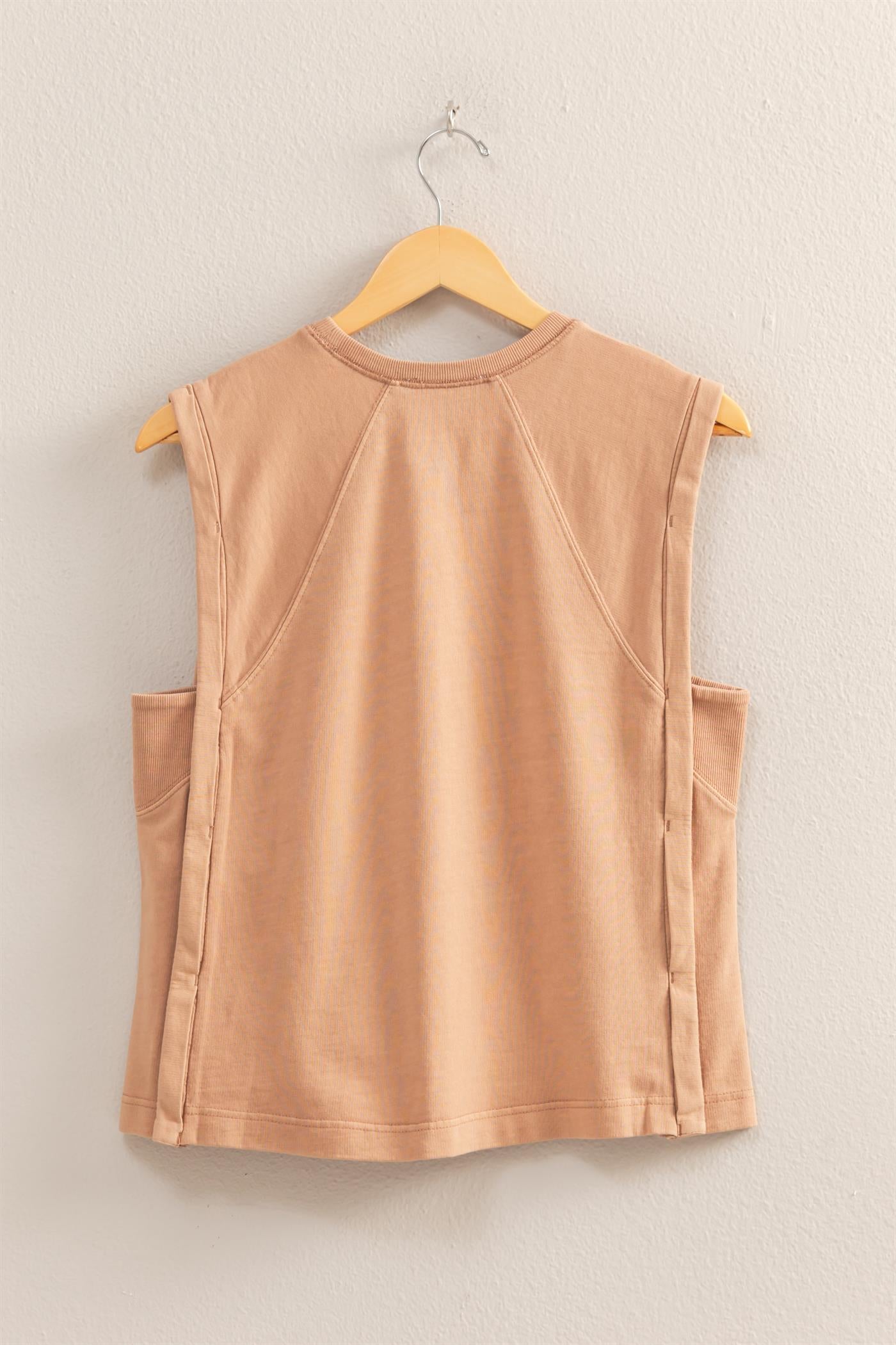 Wholesale Round Neck Sleeveless Boxy Top Clothing Tops DZ25C561 DARK TAUPE DOUBLE ZERO
