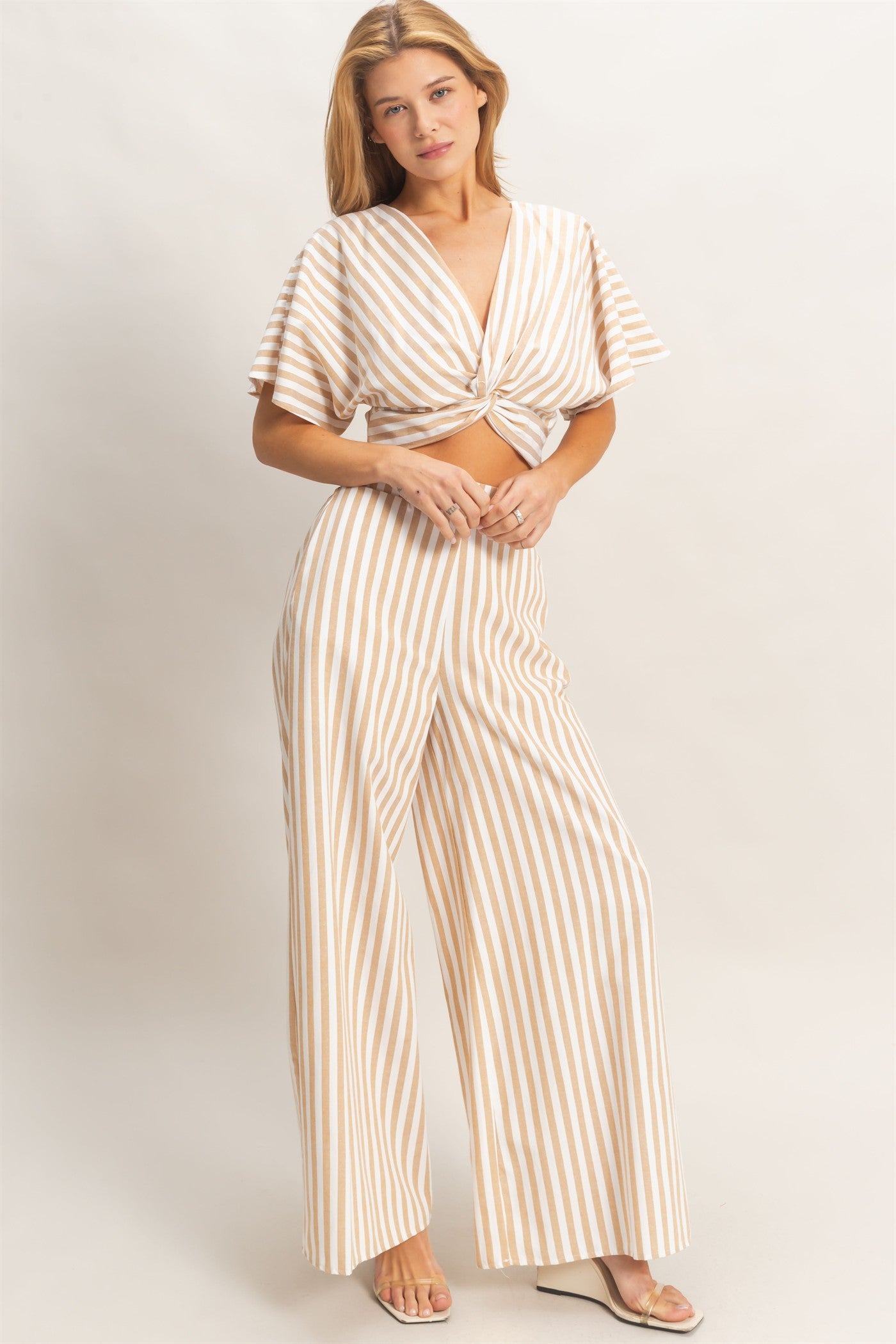 Wholesale Striped Twist Front Top & Pants Clothing HF26A692-SET TAUPE DOUBLE ZERO