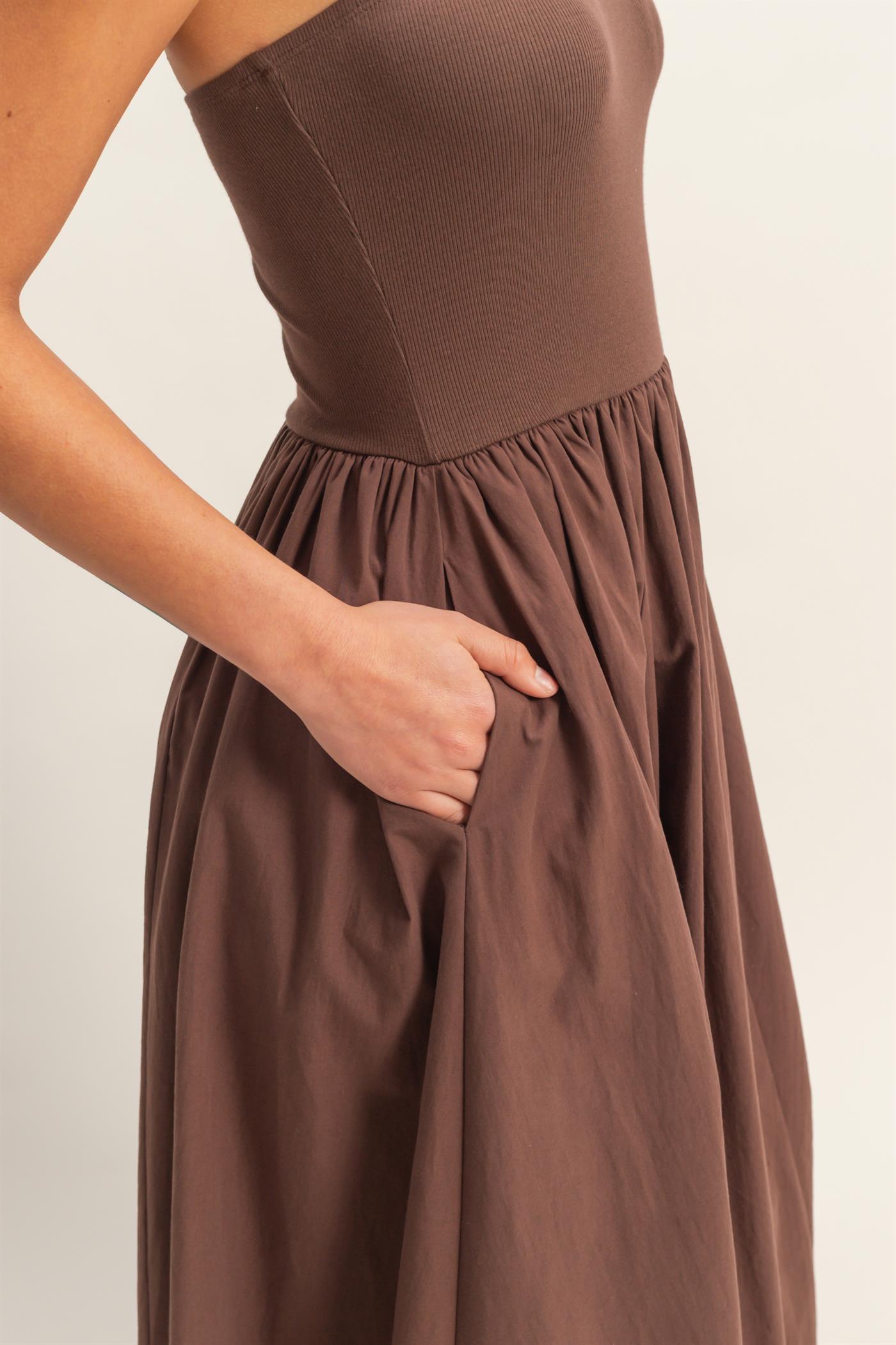 Wholesale Strapless Flowy Midi Dress Dresses DZ26A744 CHOCOLATE DOUBLE ZERO