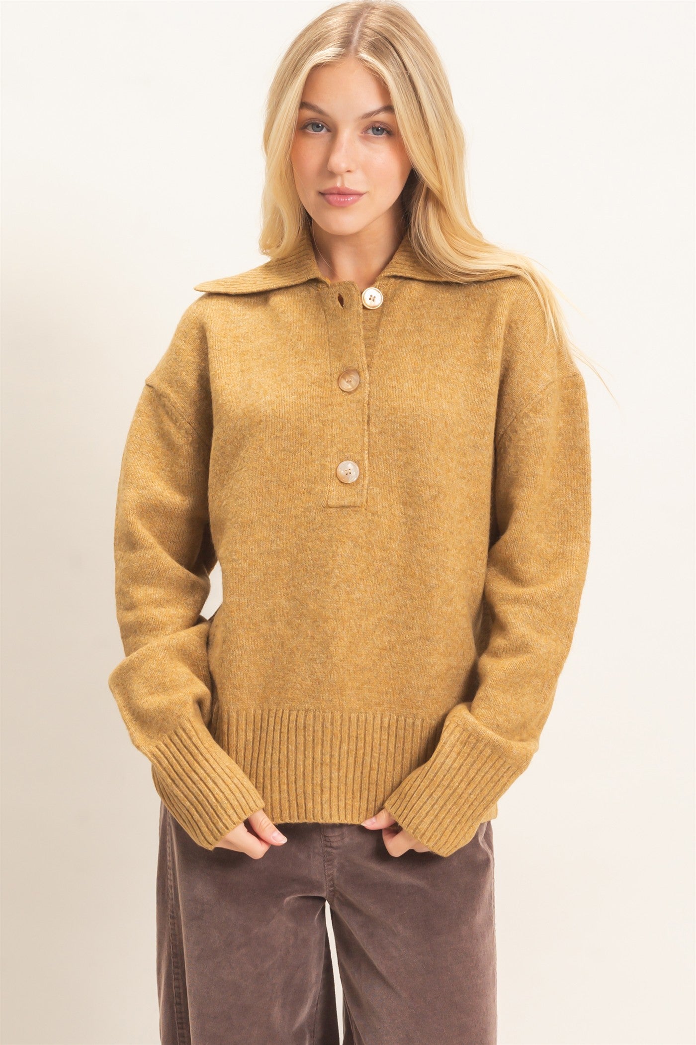 Wholesale Button-Up Collared Sweater Sweaters HF26E752 CAMEL HYFVE
