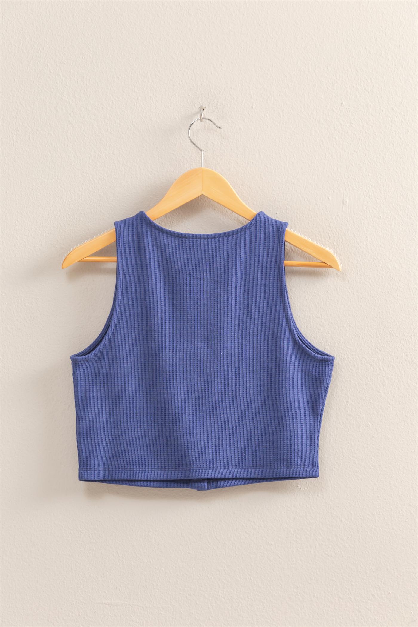 Wholesale Waffle Knit Button Down Sleeveless Vest Vests DZ25C154 DUSTY INDIGO DOUBLE ZERO