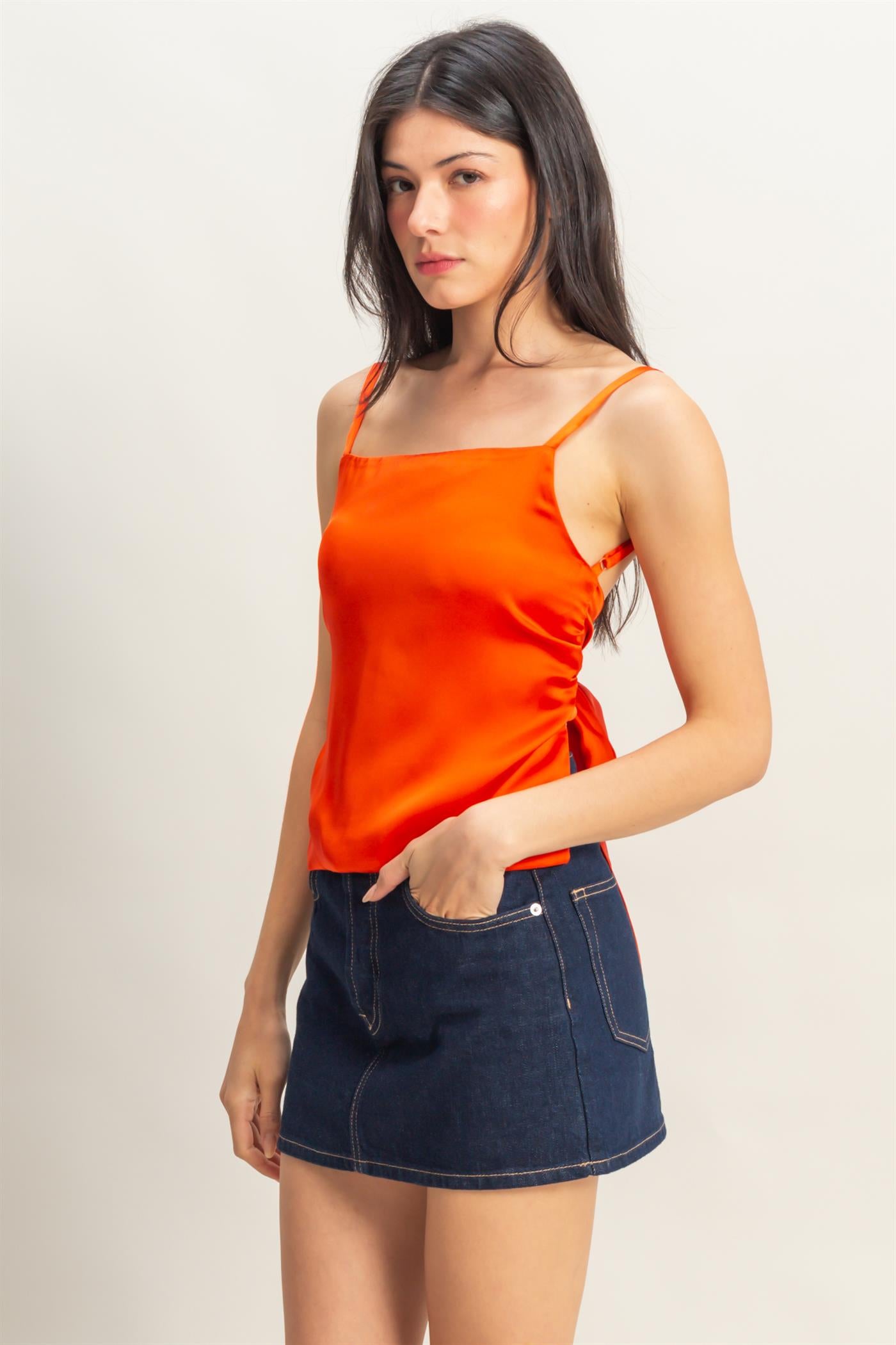 Wholesale Satin Back Tie Detail Sleeveless Top Clothing Tops DZ25C126 TOMATO DOUBLE ZERO