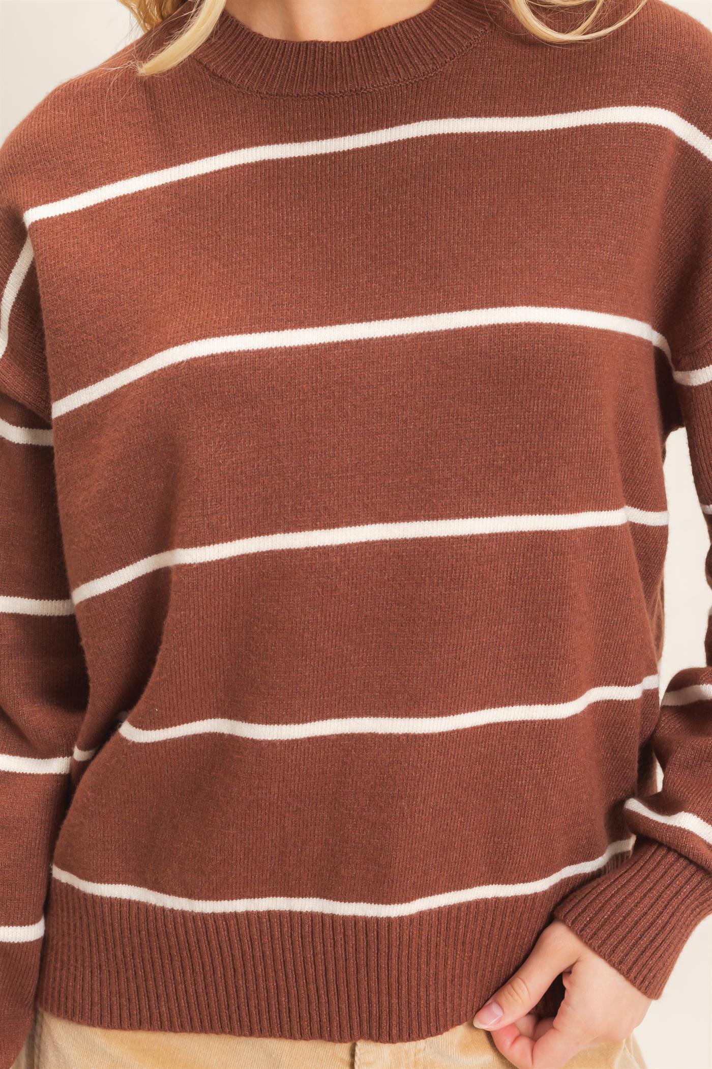 Wholesale Striped Ribbed Crew Neck Sweater Sweaters HF26F169 BROWN HYFVE