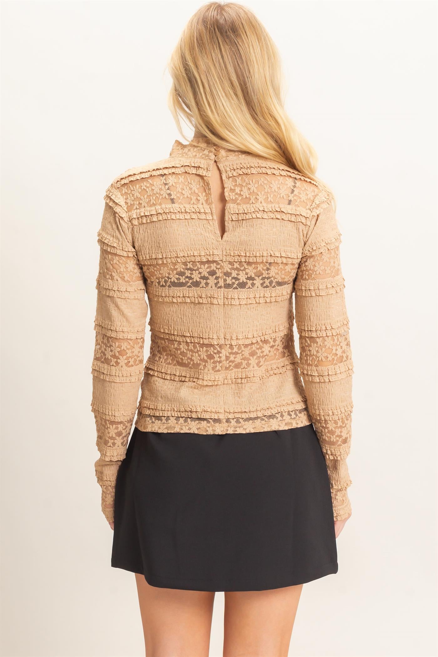 Wholesale Textured Lace High Neck Top Clothing Tops HF26C769 LIGHT BROWN HYFVE