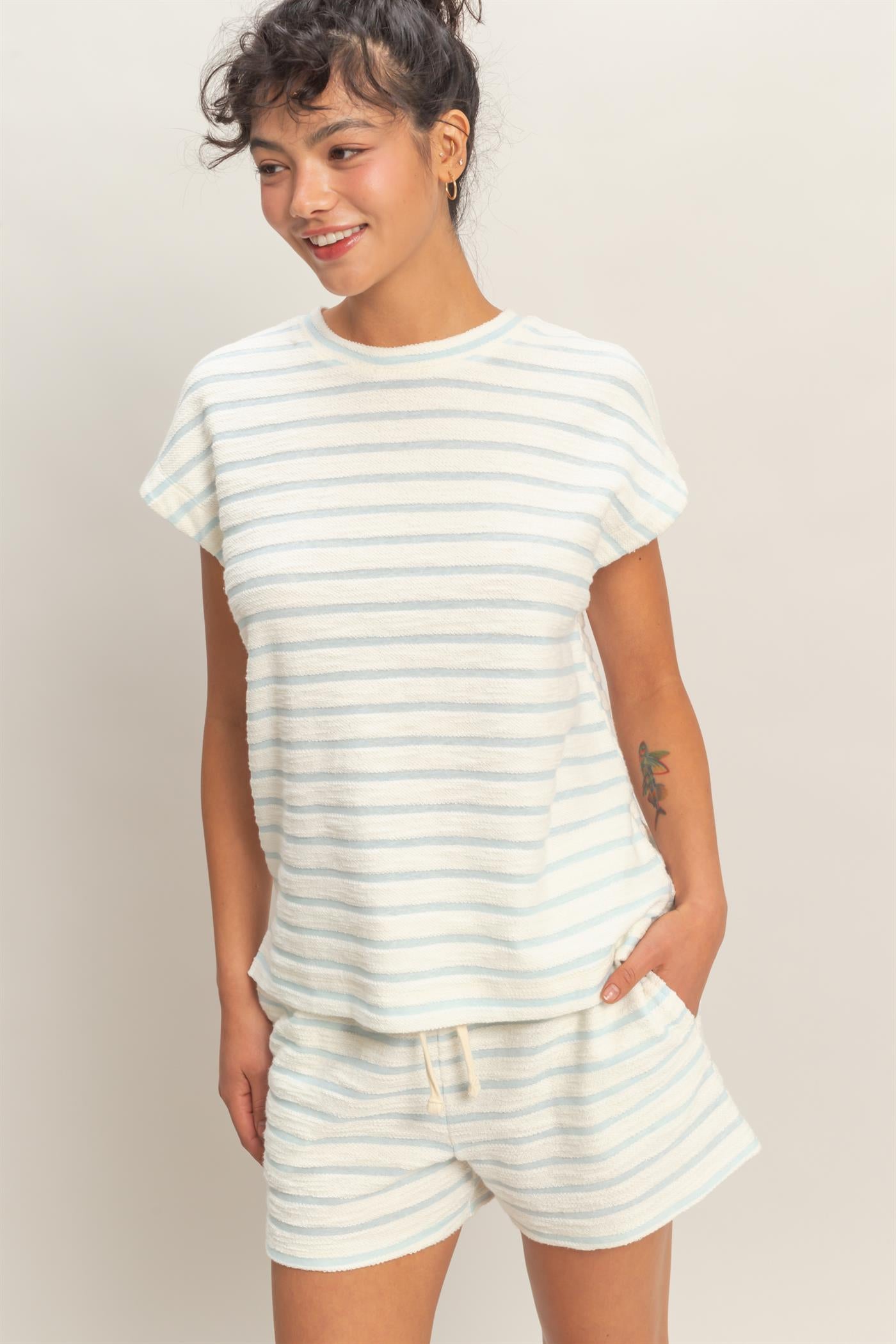 Wholesale Striped Round Neck Short Sleeve Top Clothing Tops DZ26A754 BABY BLUE DOUBLE ZERO