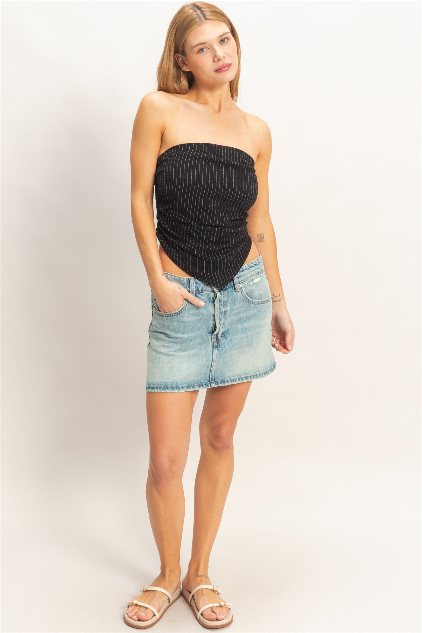 Wholesale Striped Bandeau Drape Top Clothing HF26C387 BLACK HYFVE