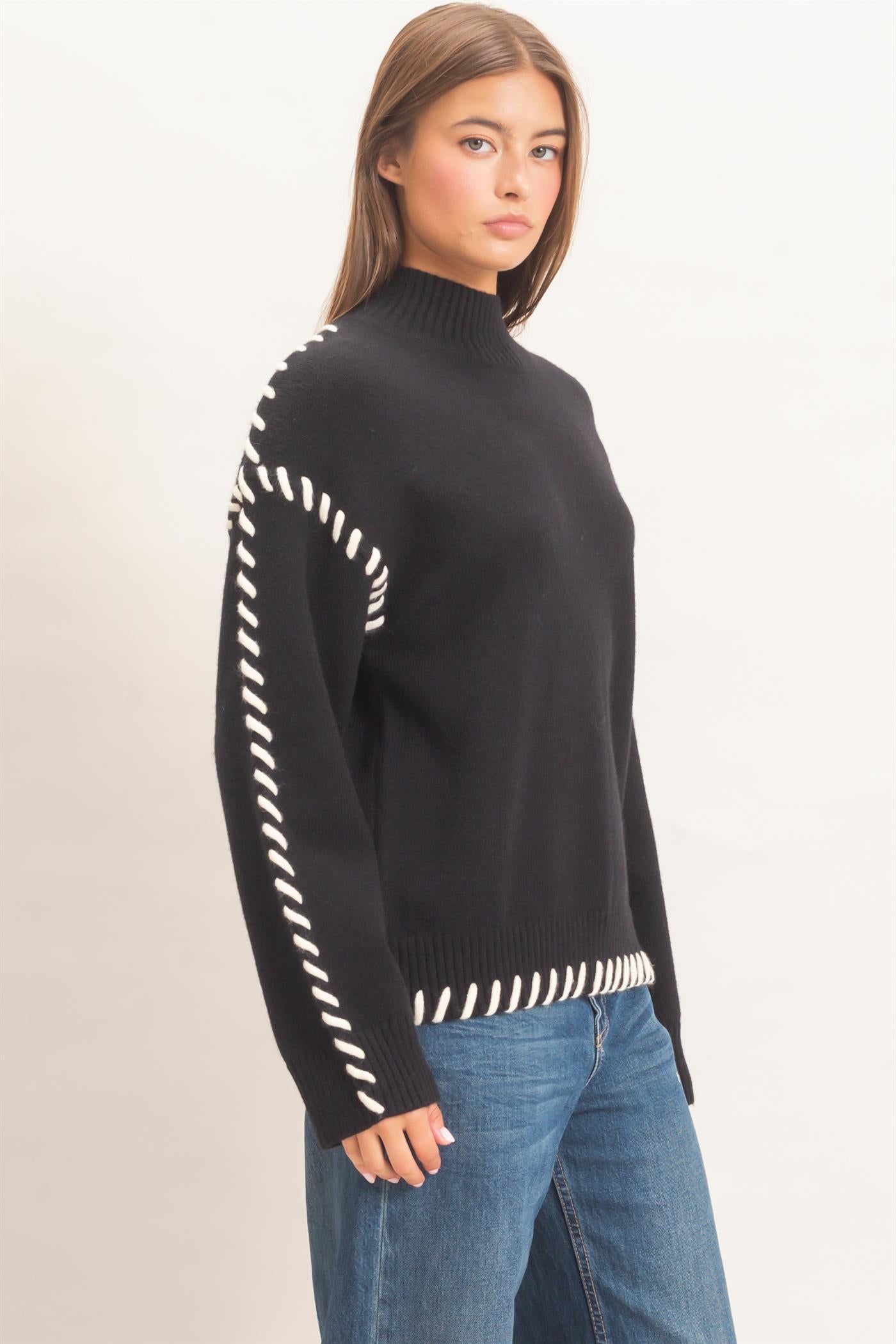 Wholesale Blanket Stitch High Neck Sweater Sweaters DZ27A190 BLACK DOUBLE ZERO