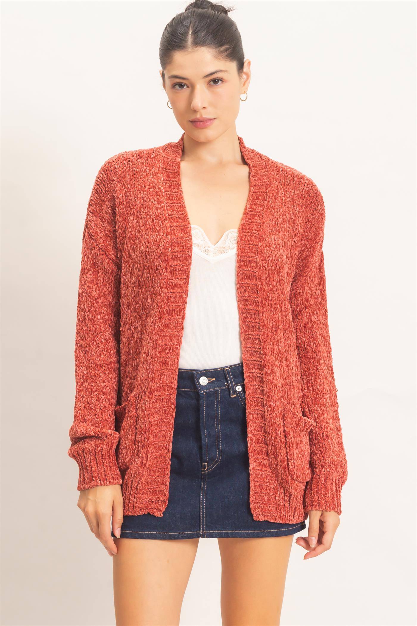 Wholesale Patch Pocket Chenille Cardigan Cardigans HF26E839 RUST HYFVE