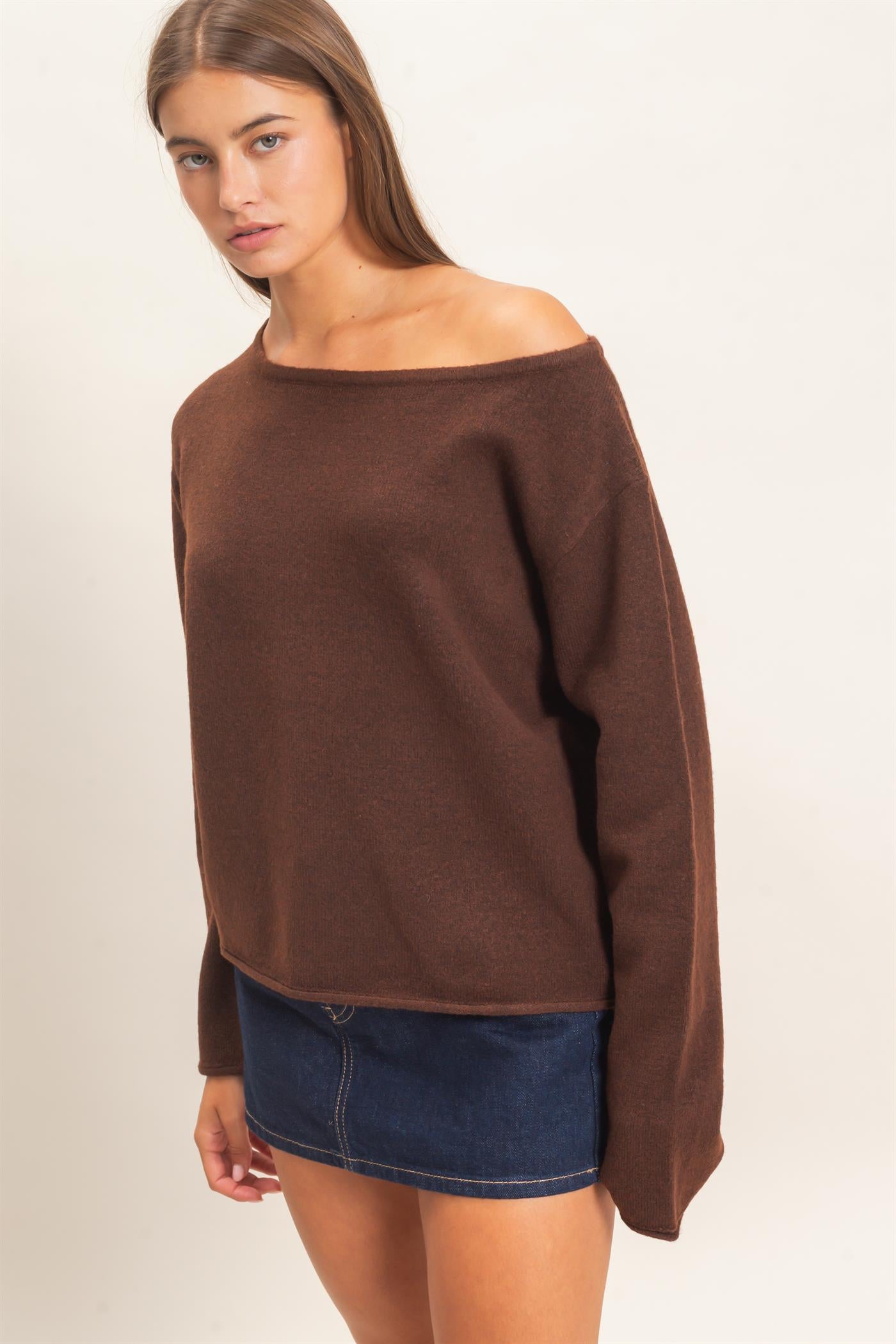 Wholesale Off The Shoulder Sweater Sweaters DZ26E652 DARK BROWN DOUBLE ZERO