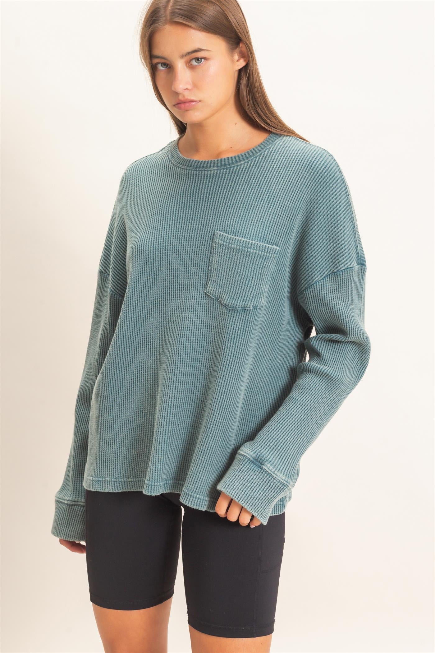Wholesale Mineral Wash Waffle Long Sleeve Top Clothing Tops DZ26F242 DARK TEAL DOUBLE ZERO