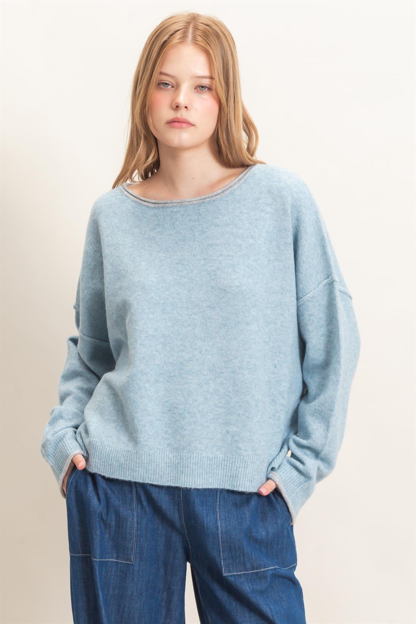 Wholesale Relaxed Wide Neck Knit Sweater Sweaters HF26E066-D LIGHT BLUE HYFVE
