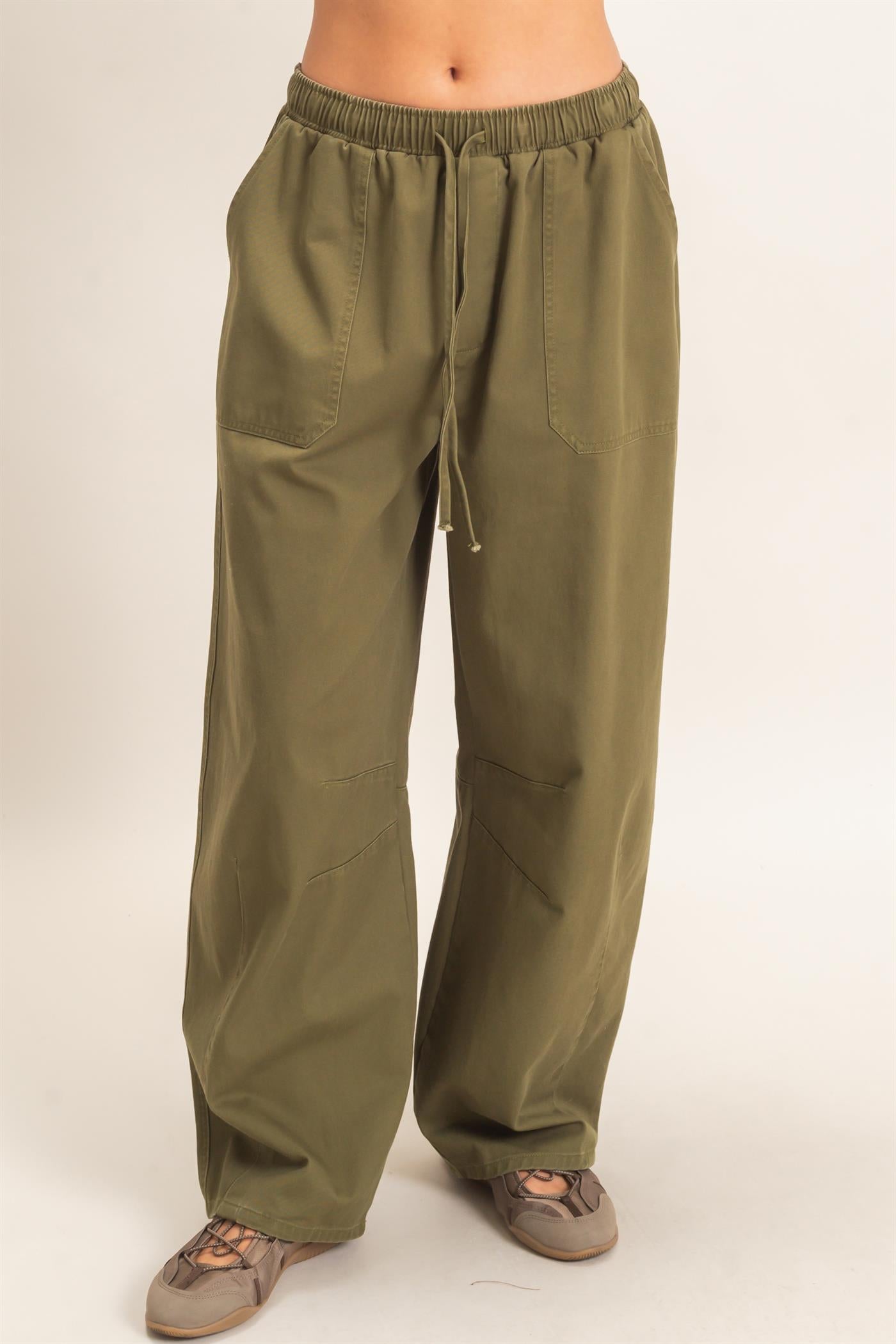 Wholesale Twill Elastic Waist Barrel Pants Pants DZ27A228 DARK OLIVE DOUBLE ZERO