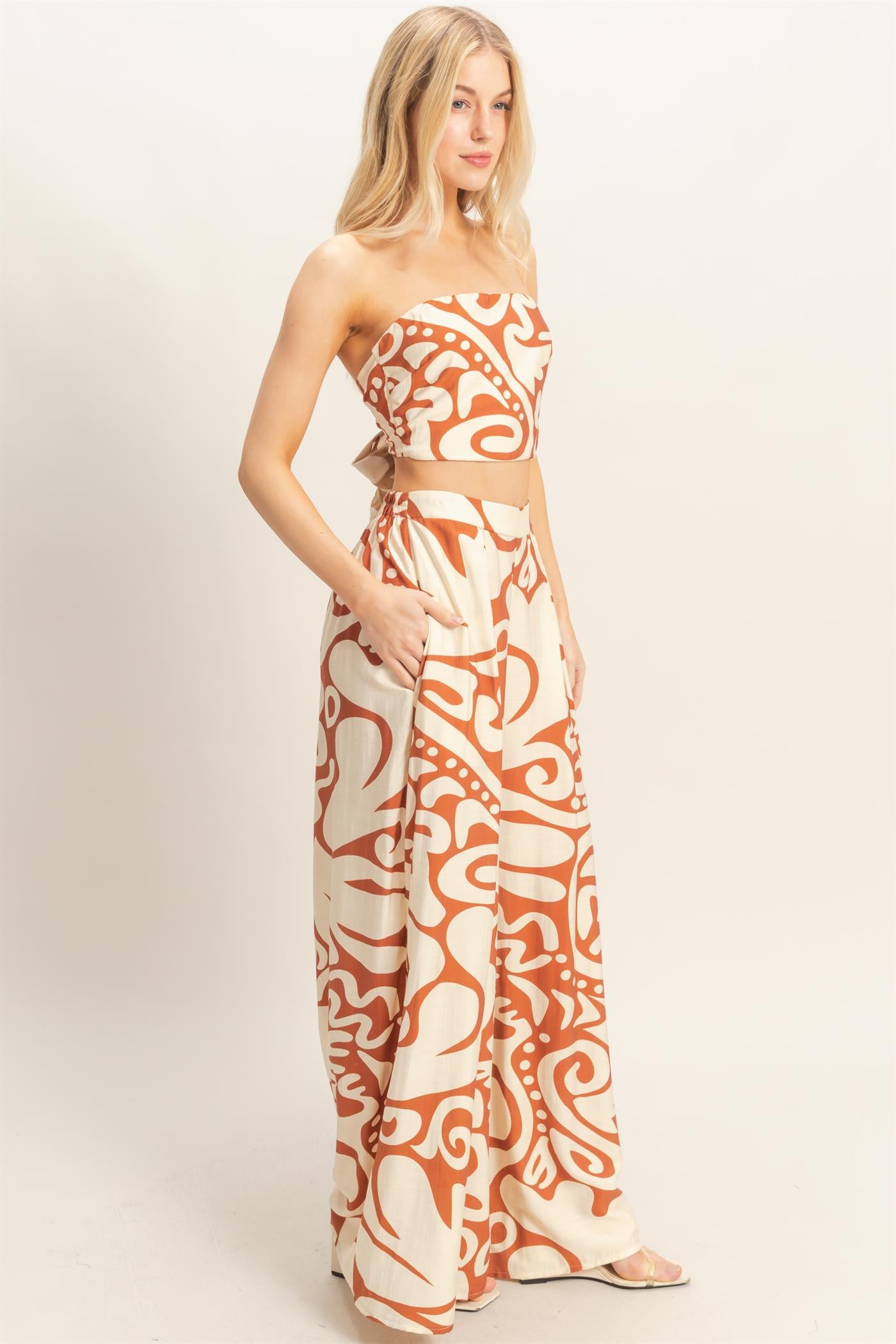 Wholesale Strapless Top & Wide Leg Pants Set Clothing HF26A344-SET-D BROWN HYFVE