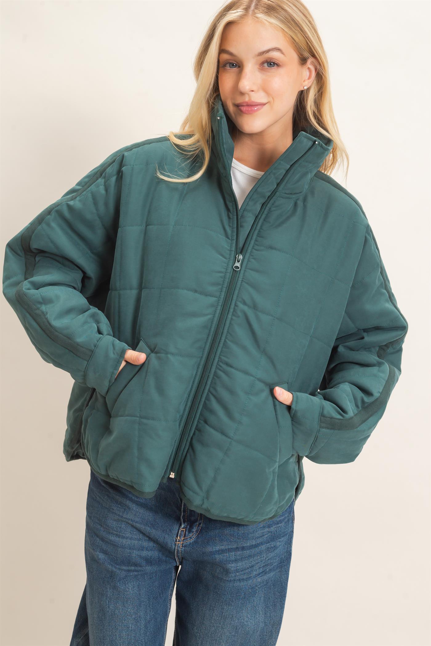 Wholesale Quilted High Collar Jacket Coats & Jackets HF26F167-D TEAL HYFVE