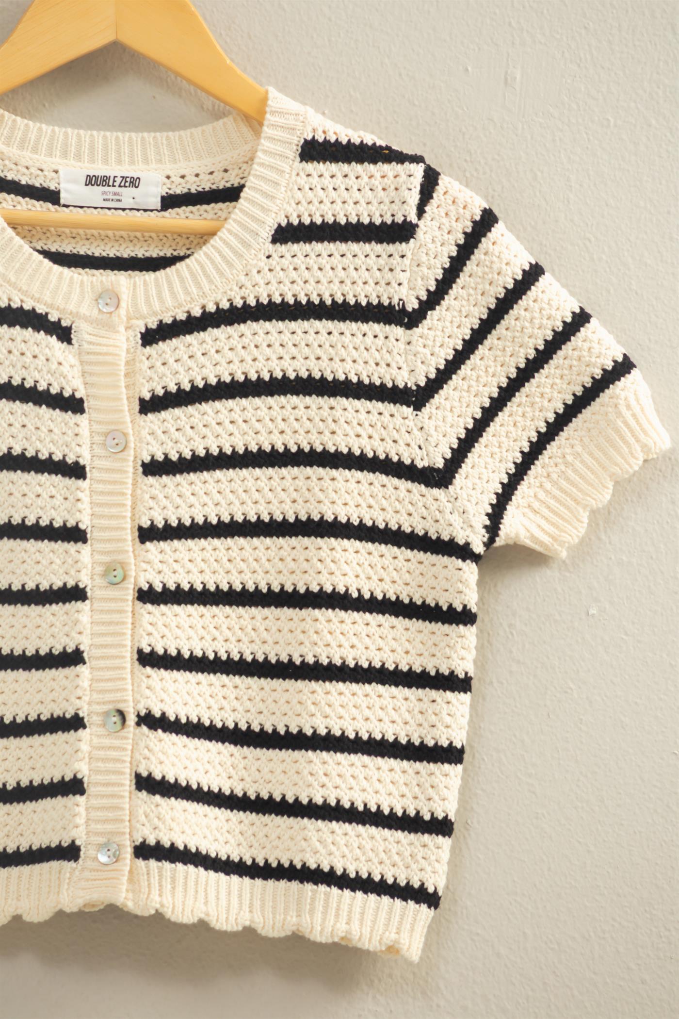 Wholesale Striped Short Sleeve Cardigan With Scallop Edge Cardigans DZ26A605 BLACK DOUBLE ZERO