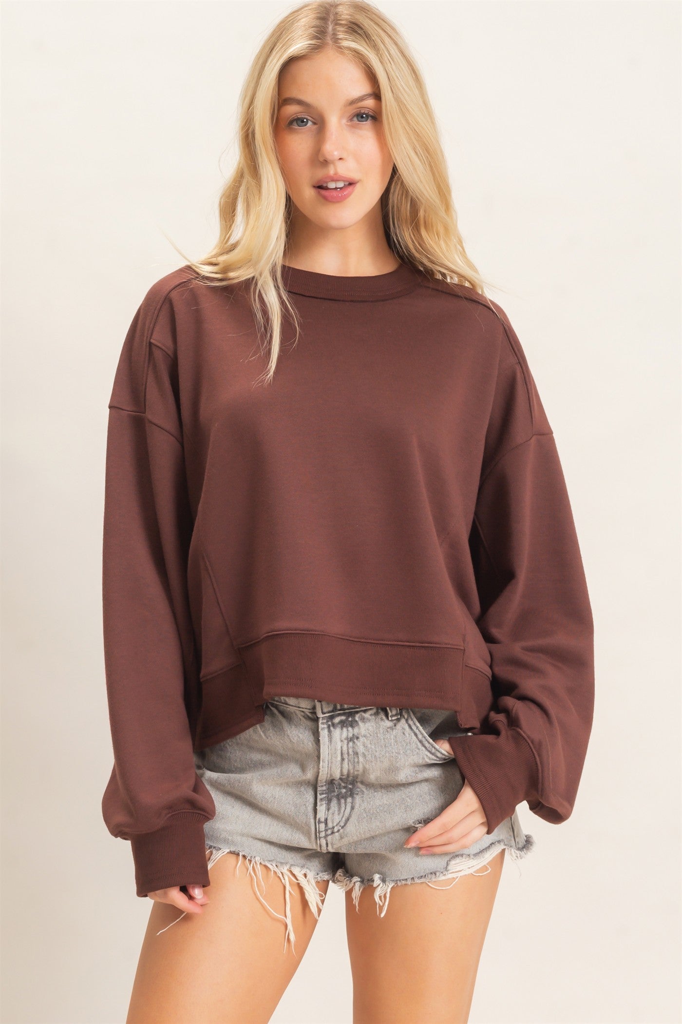 Wholesale Ribbed Crew Neck Sweatshirt Sweatshirts HF26F087 BROWN HYFVE
