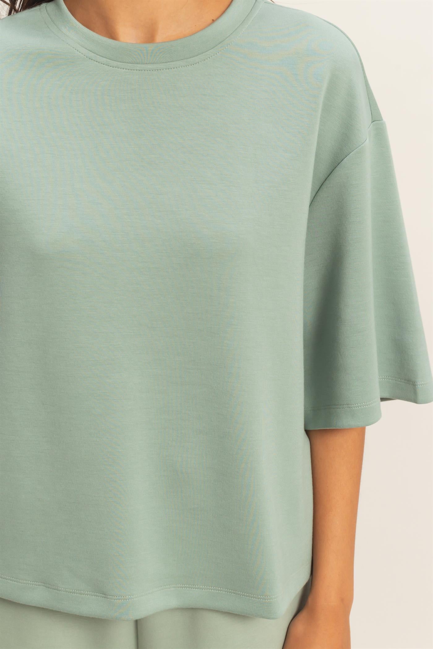 Wholesale Scuba Short Sleeve Boxy Top T-Shirts DZ26A271 SAGE GREEN DOUBLE ZERO