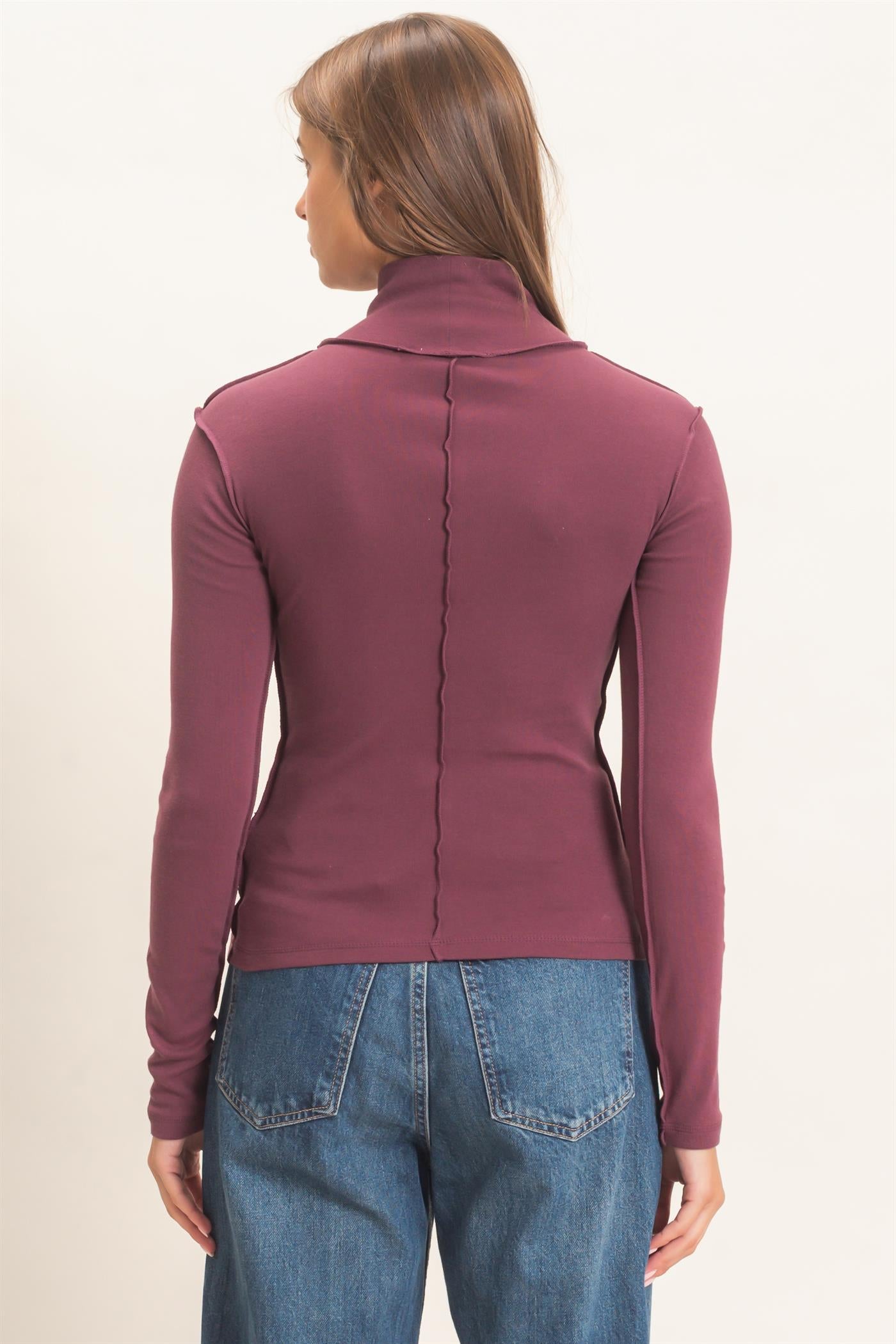 Wholesale Turtleneck Exposed Seam Long Sleeve Top Clothing Tops DZ26F241 DARK CHERRY HYFVE