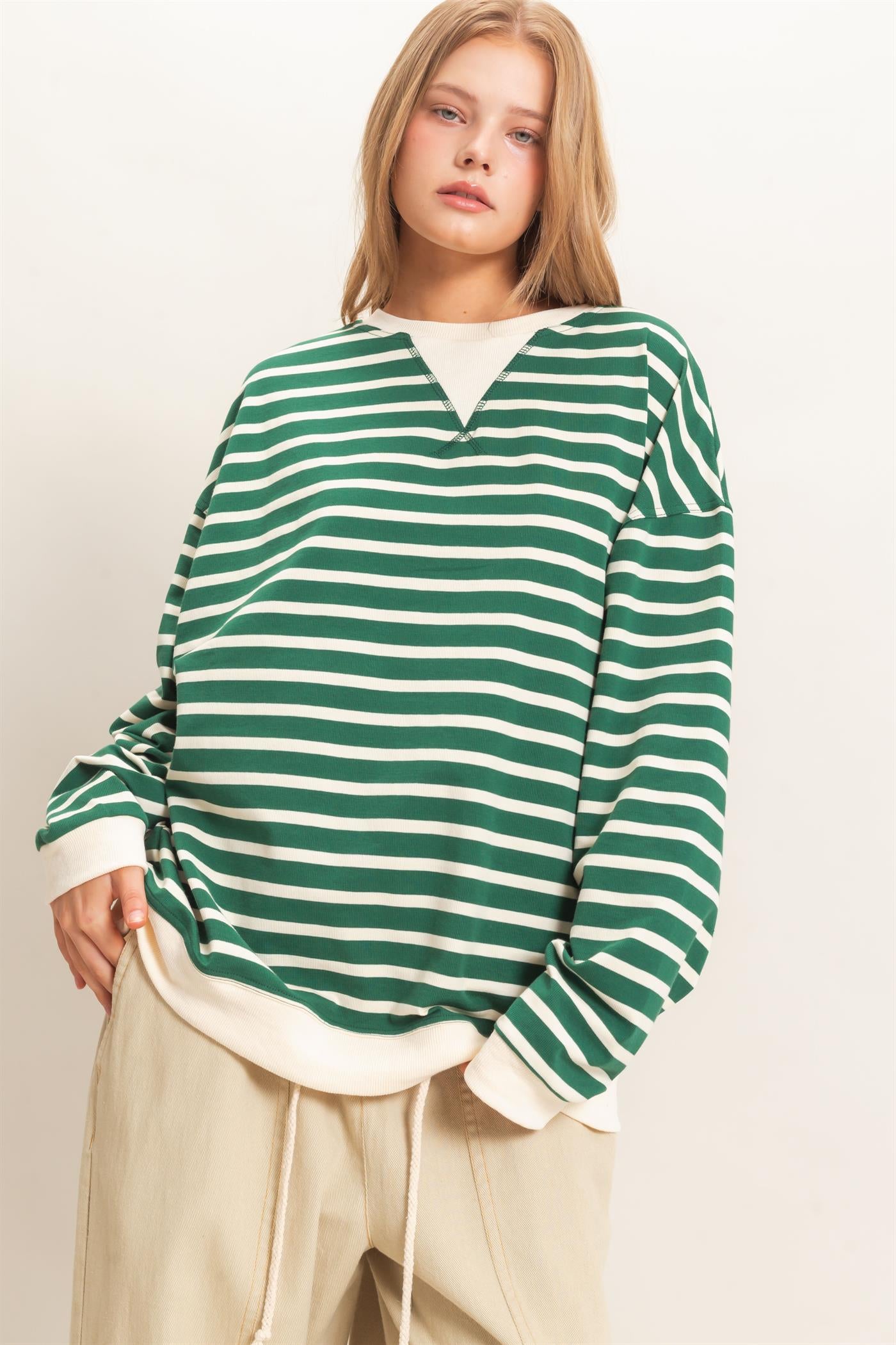 Wholesale Striped Long Sleeve Pullover Sweatshirts HF26F077 GREEN/CREAM HYFVE