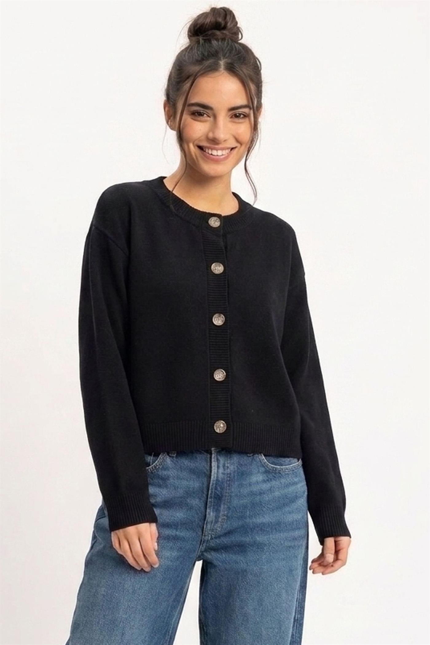 Wholesale Crew Neck Button Front Cardigan Cardigans DZ26E639 BLACK DOUBLE ZERO