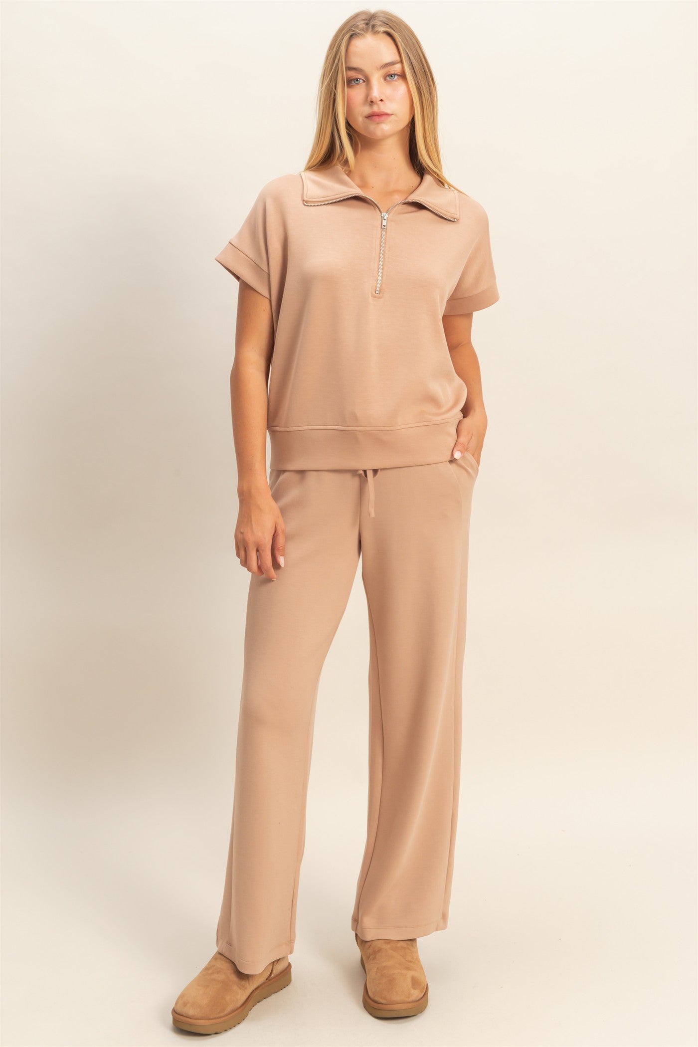Wholesale Short Sleeve High Neck Half-Zip Top Clothing Tops DZ26C735 DARK TAUPE DOUBLE ZERO
