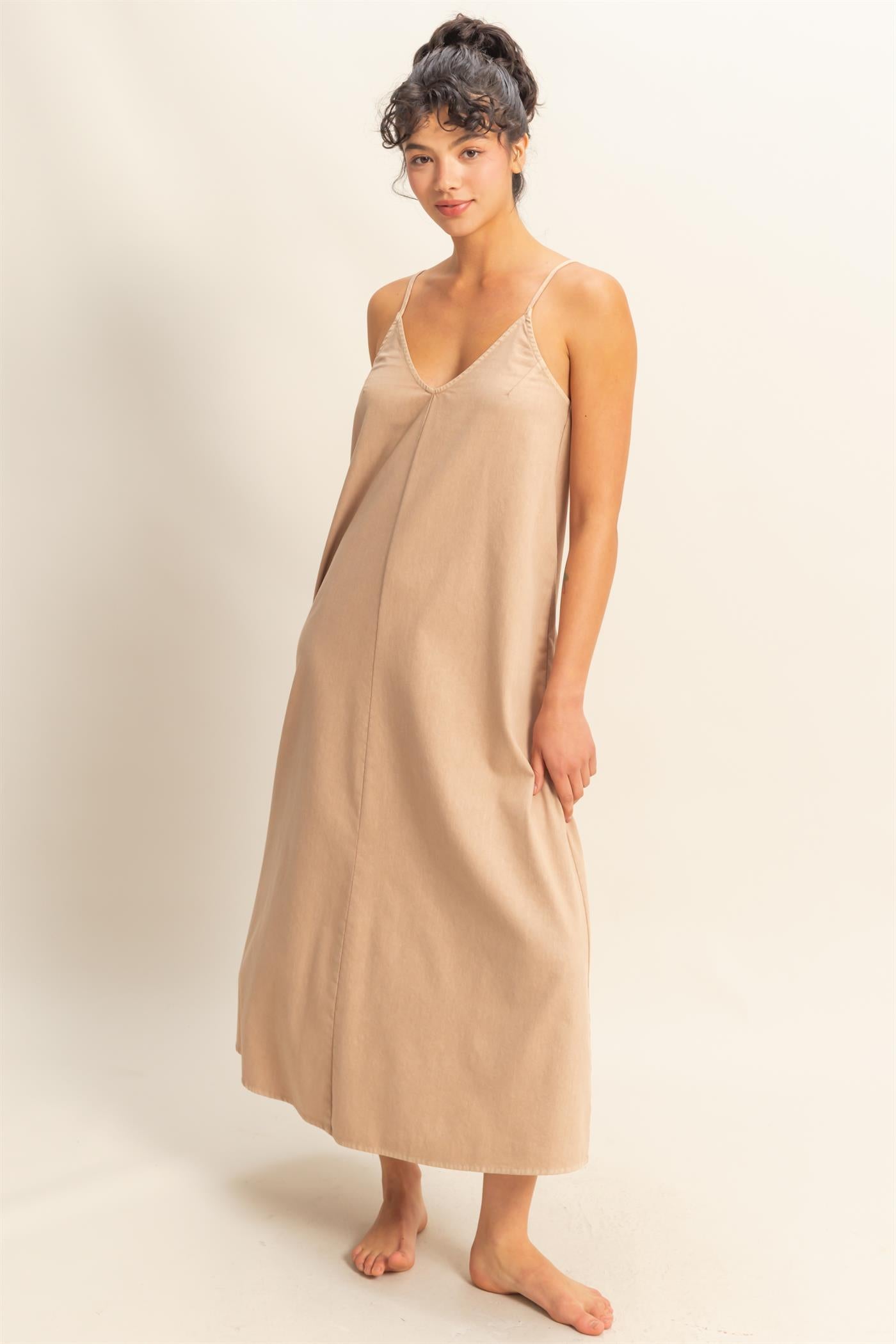 Wholesale Dyed V-Neck Loose Maxi Dress Dresses DZ24C964 DARK TAUPE DOUBLE ZERO