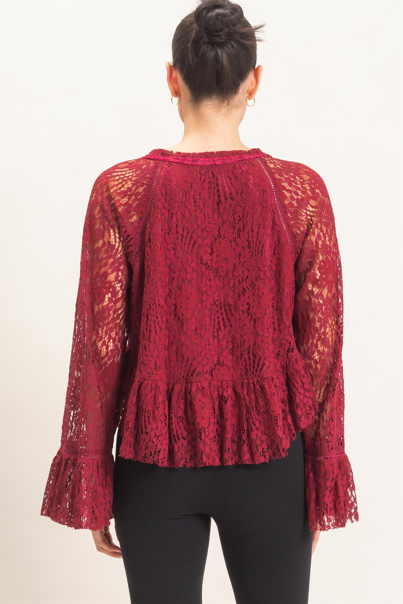Wholesale Lace Bell Sleeve Top Blouses HF26C768 BURGUNDY HYFVE