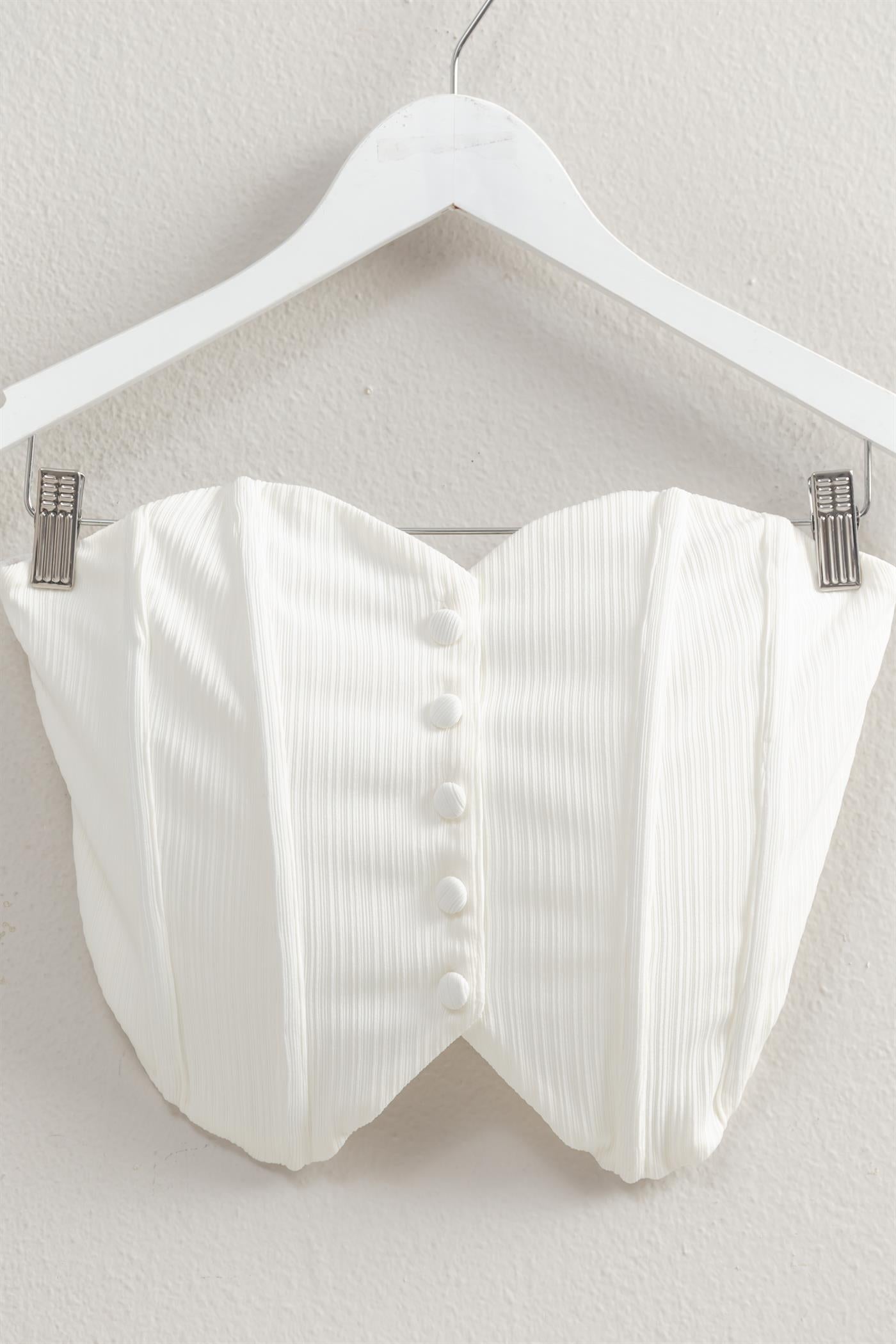 Wholesale Buttoned Front Strapless Knit Bustier Top Clothing Tops HF25A209 WHITE HYFVE