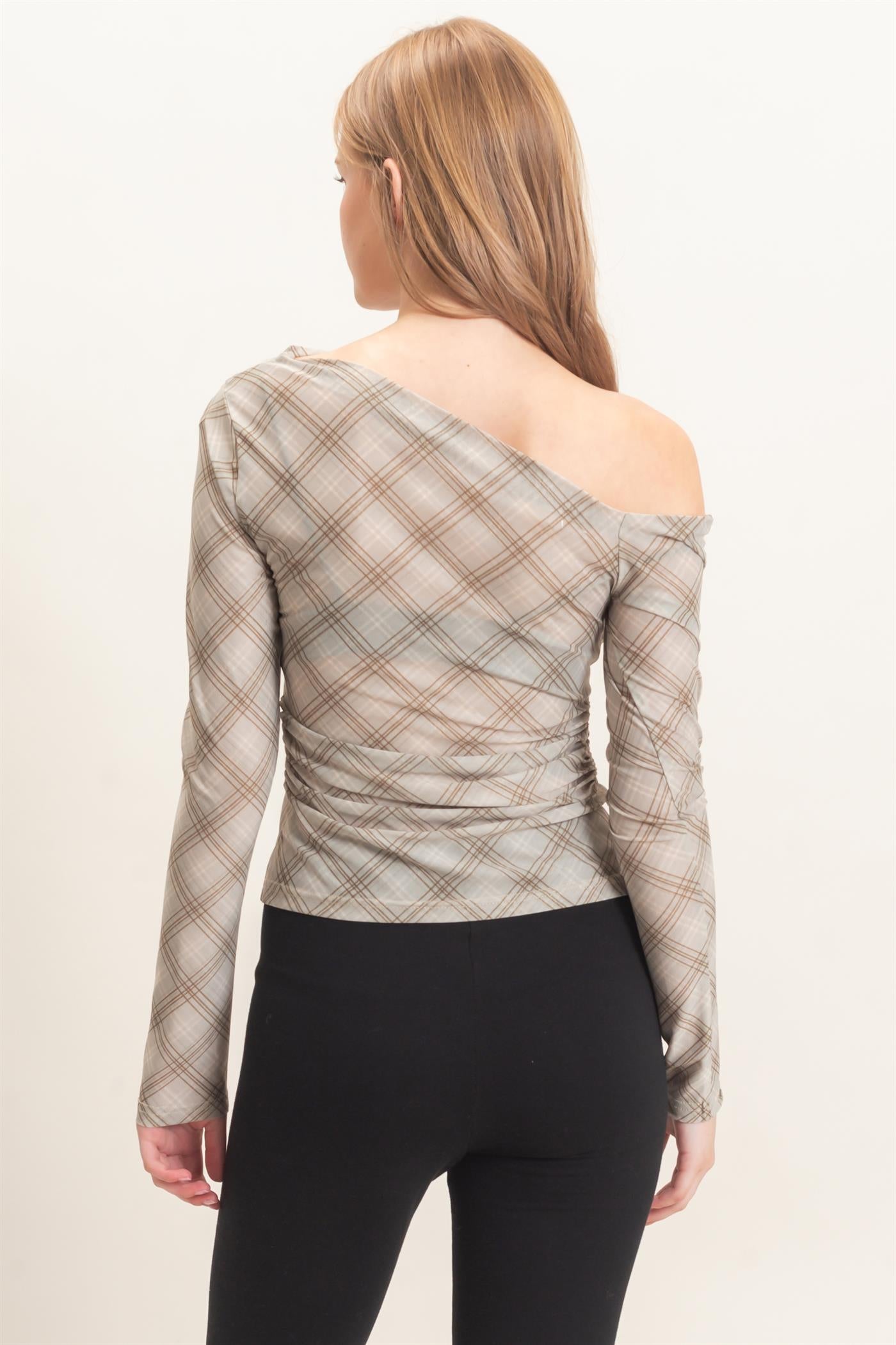 Wholesale Asymmetrical Plaid Off Shoulder Top Dresses HF26E710 SAGE HYFVE