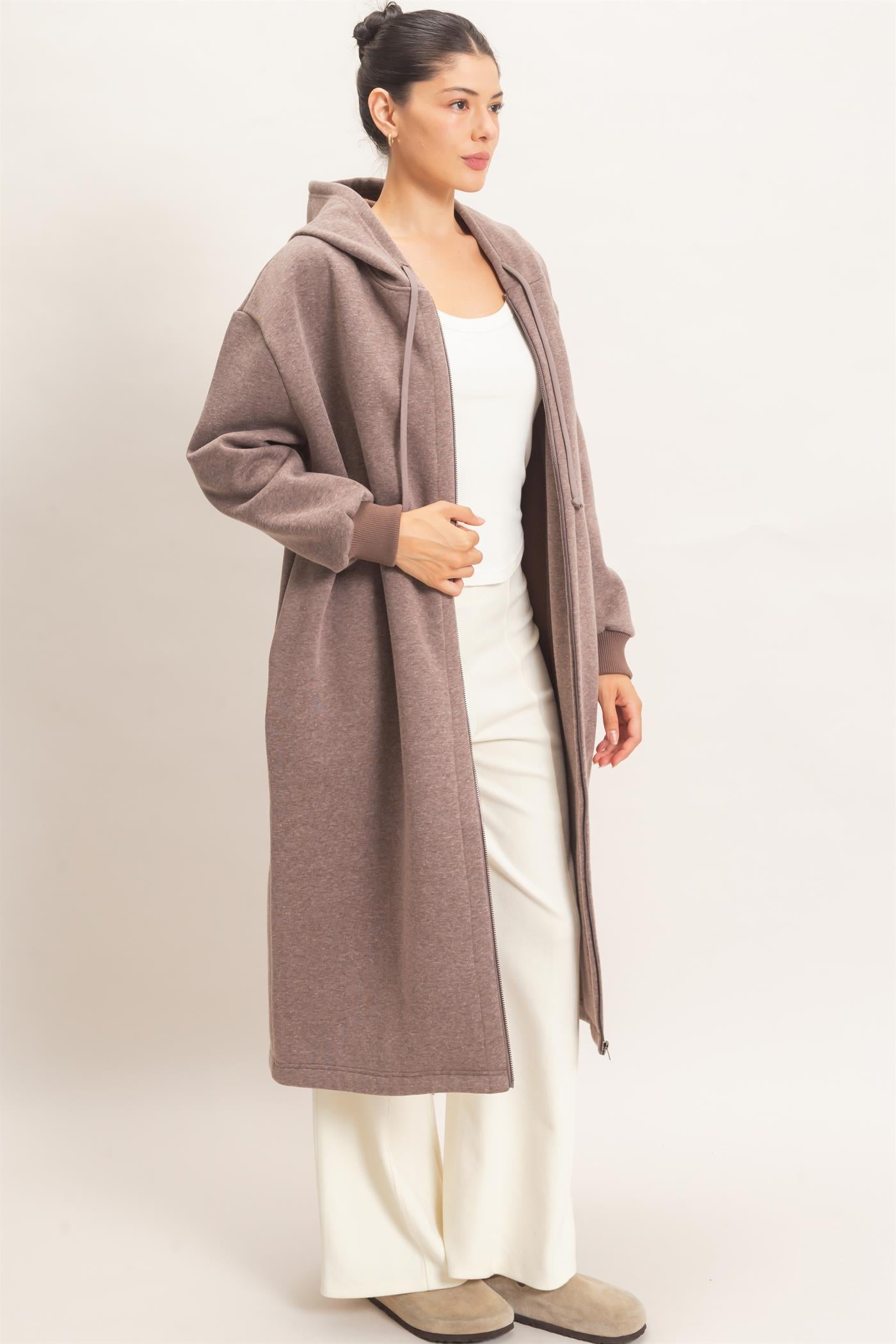 Wholesale Oversized Longline Zip-Up Hoodie Jacket Outerwear HF26E650 WALNUT HYFVE
