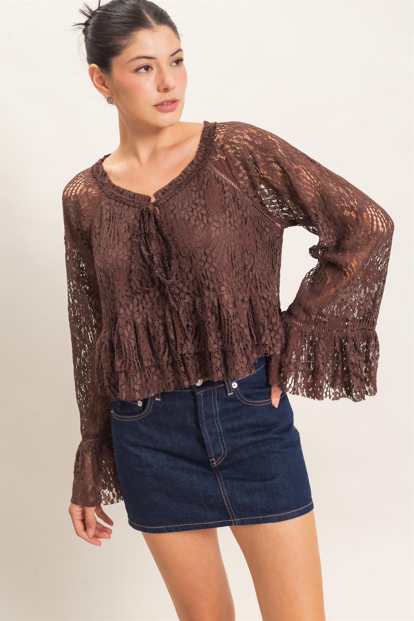 Wholesale Lace Bell Sleeve Top Blouses HF26C768 BROWN HYFVE