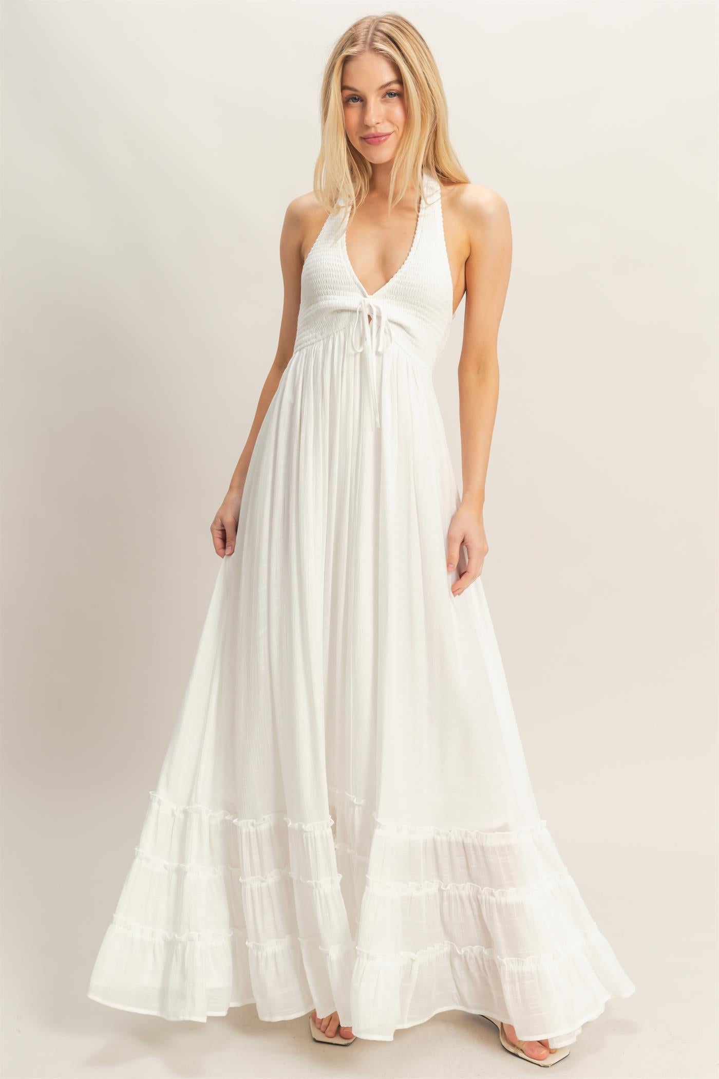 Wholesale Halter Neck Smocked Maxi Dress Dresses HF26C287-D WHITE HYFVE