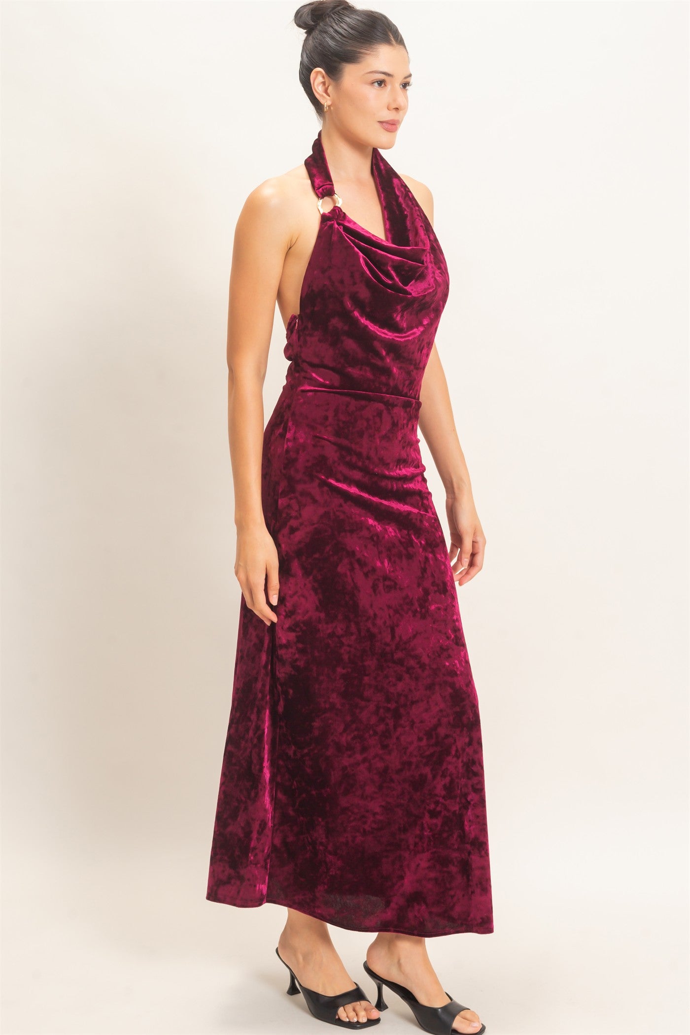 Wholesale Velvet Cowl Neck Halter Dress Dresses HF26F178 BURGUNDY HYFVE