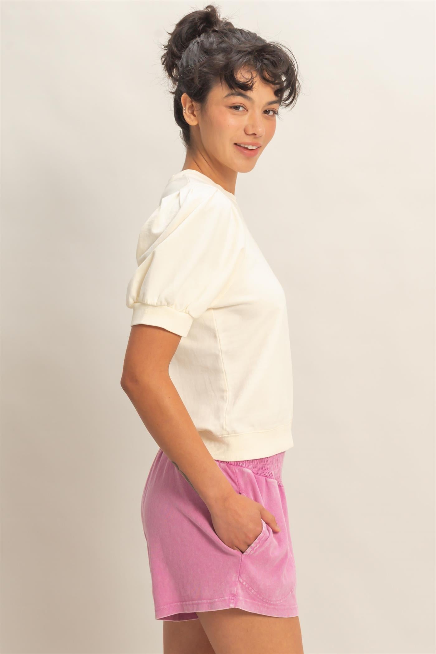 Wholesale Puff Sleeve V-Stitch Crew Neck Top Clothing Tops DZ26A574 CREAM DOUBLE ZERO