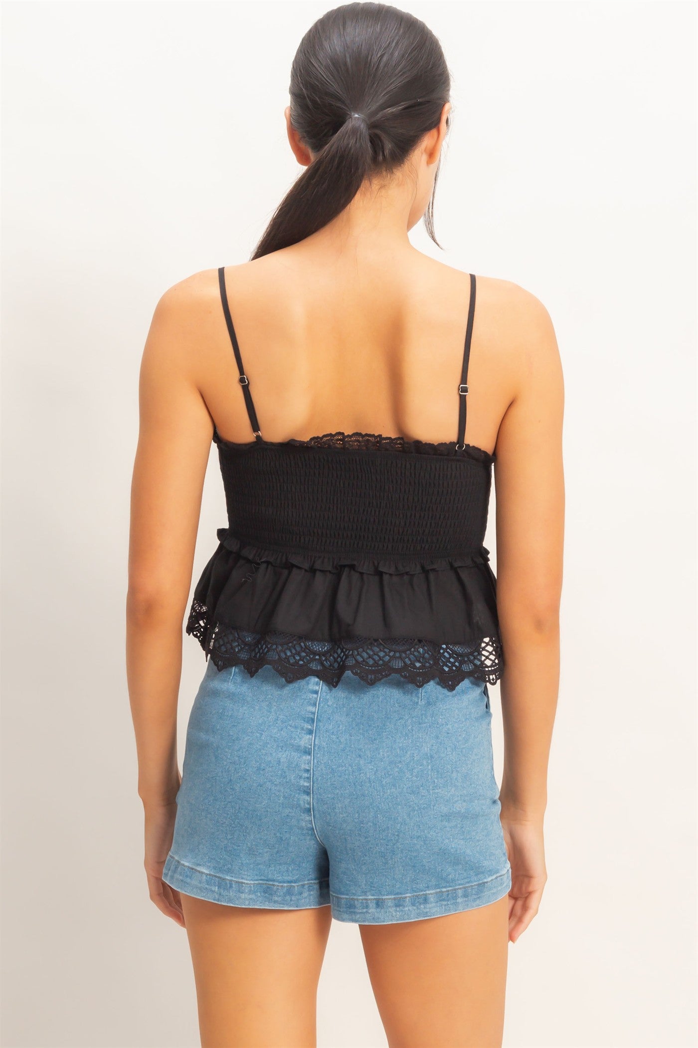 Wholesale Smocked Peplum Top With Lace Trim Clothing Tops HF26C558 BLACK HYFVE