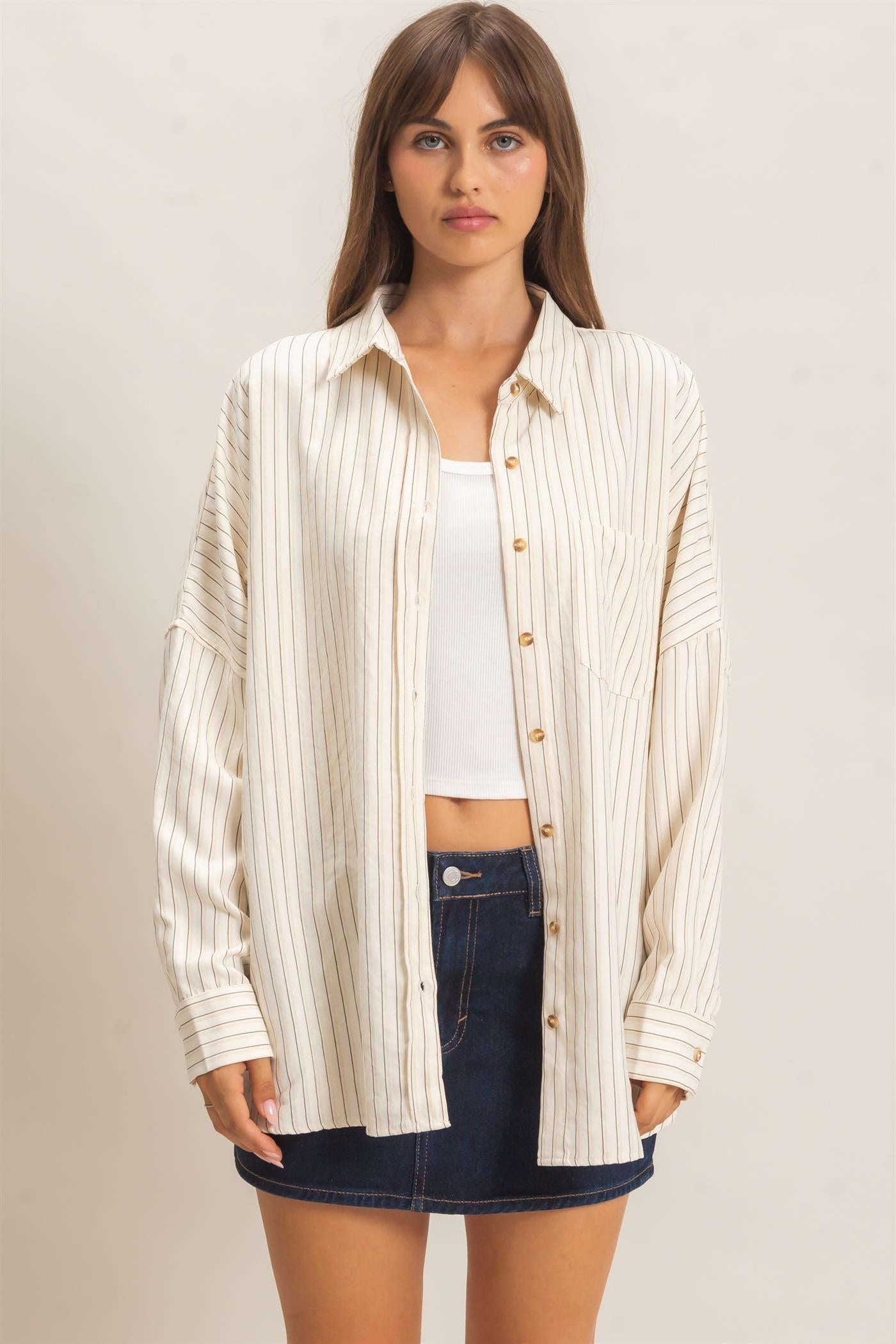Wholesale Striped Button-Up Shirt Shirts HF26F134 CREAM HYFVE