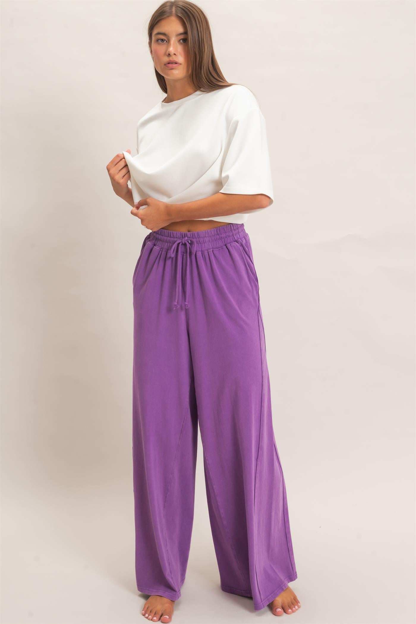Wholesale Wide Leg Mineral Wash Pants Pants DZ26F406 PLUM DOUBLE ZERO