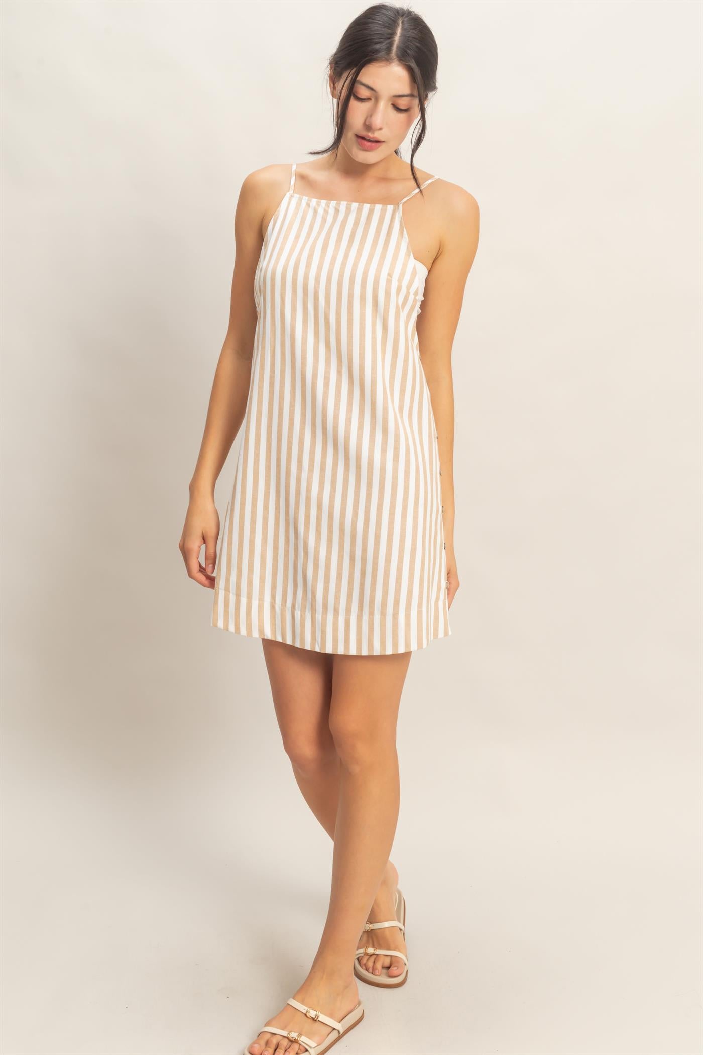 Wholesale Striped Straight Neck Mini Dress Dresses HF26C080 TAUPE HYFVE