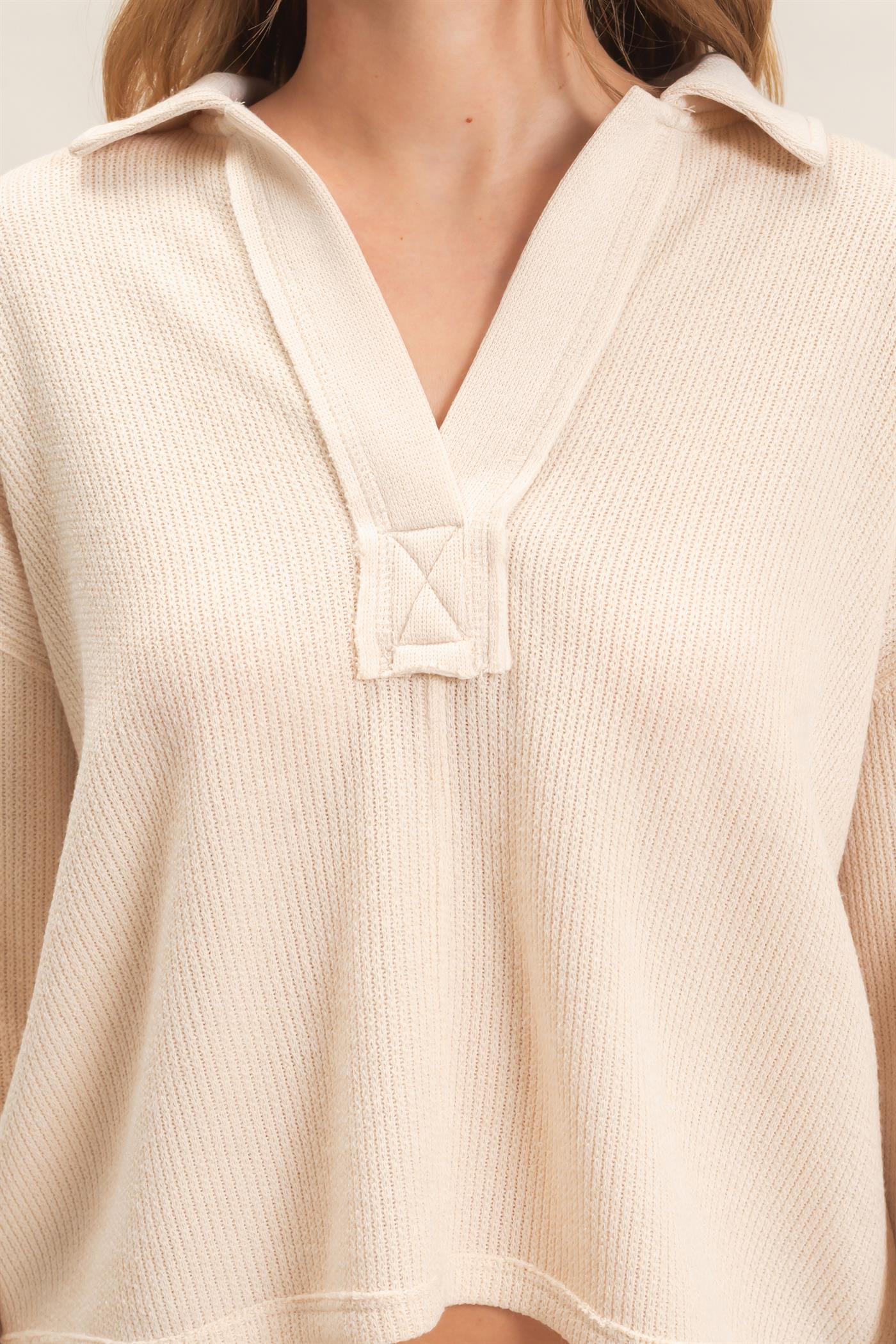 Wholesale Ribbed Collared Pullover Top Clothing Tops HF26E472 CREAM HYFVE